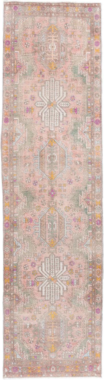 3' x 12' one-of-a-kind handmade vintage Anatolian runner rug. Color palette: blush, taupe, ivory, sage, gold, rose, peach