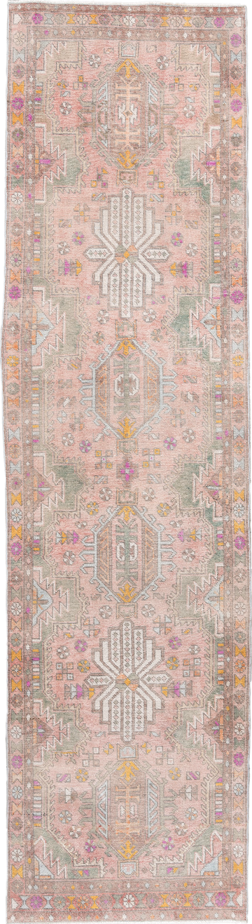 3' x 12' one-of-a-kind handmade vintage Anatolian runner rug. Color palette: brown, burlywood, gainsboro, gray, light gray