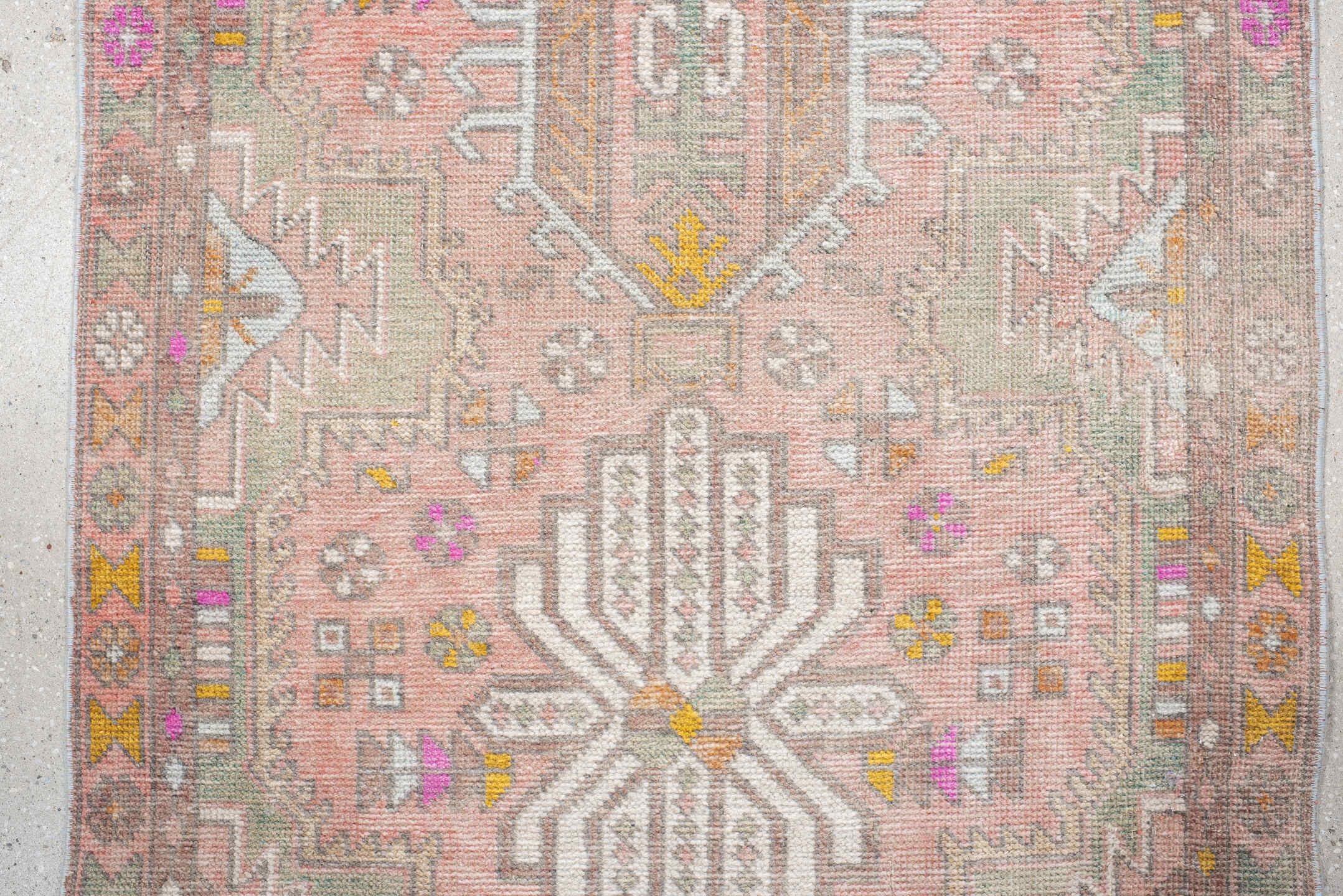3' x 12' one-of-a-kind handmade vintage Anatolian runner rug. Color palette: blush, taupe, ivory, sage, gold, rose, peach