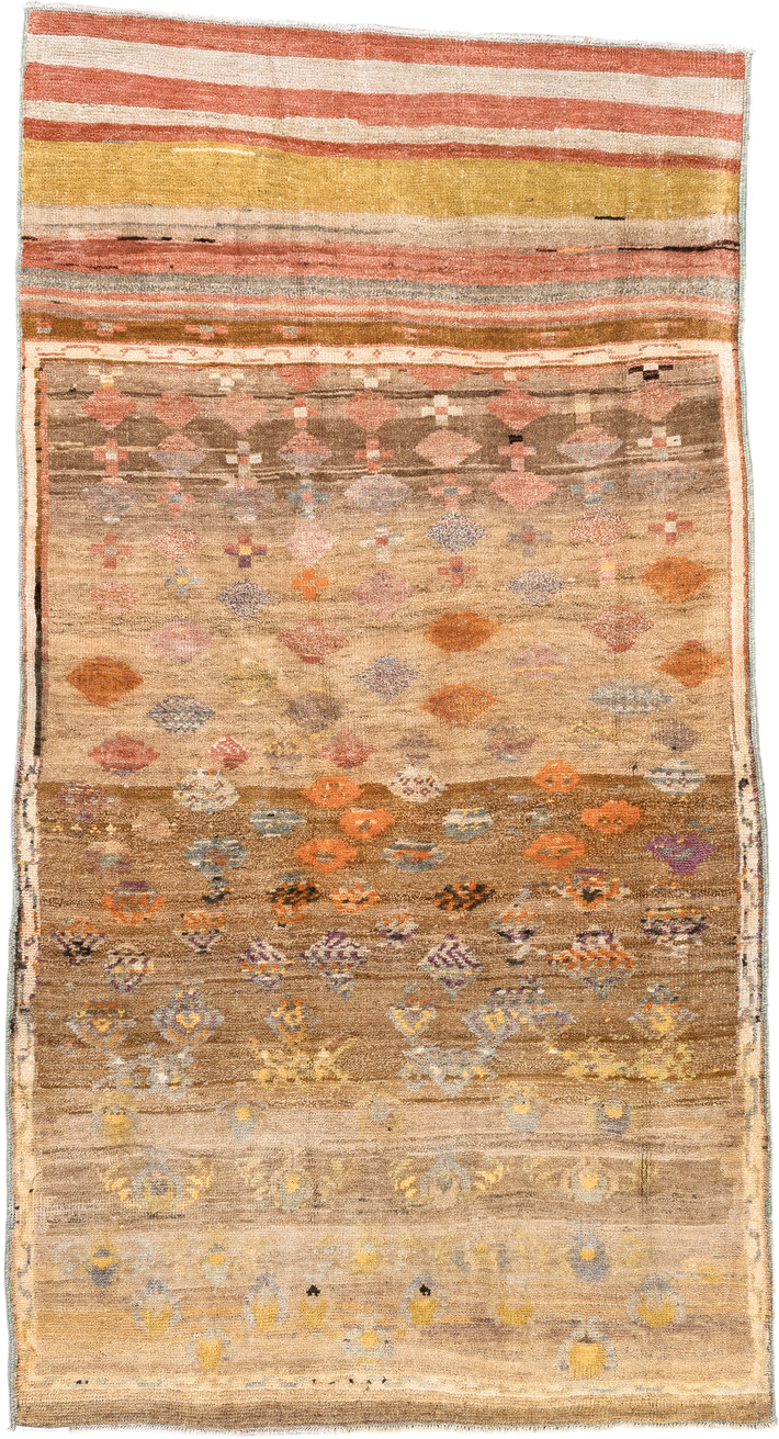 3' x 7' one-of-a-kind handmade vintage Kars rug. Color palette: taupe, camel, ivory, terra cotta, gold, sage, lavender