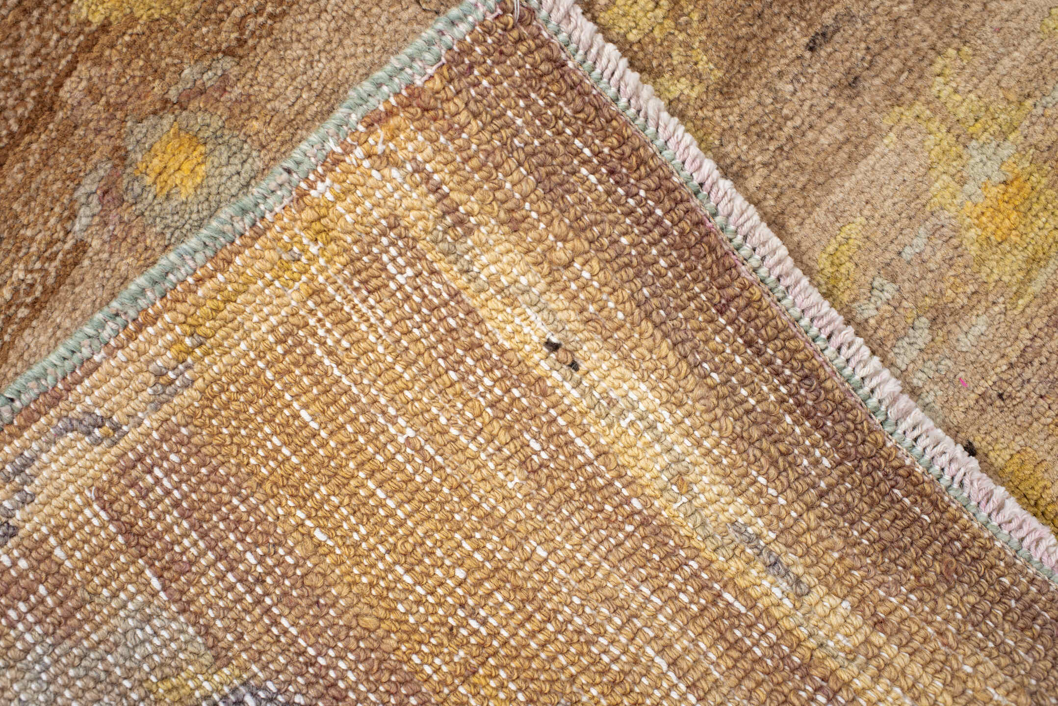 3' x 7' one-of-a-kind handmade vintage Kars rug. Color palette: blanched almond, brown, burlywood, cornsilk, dark salmon