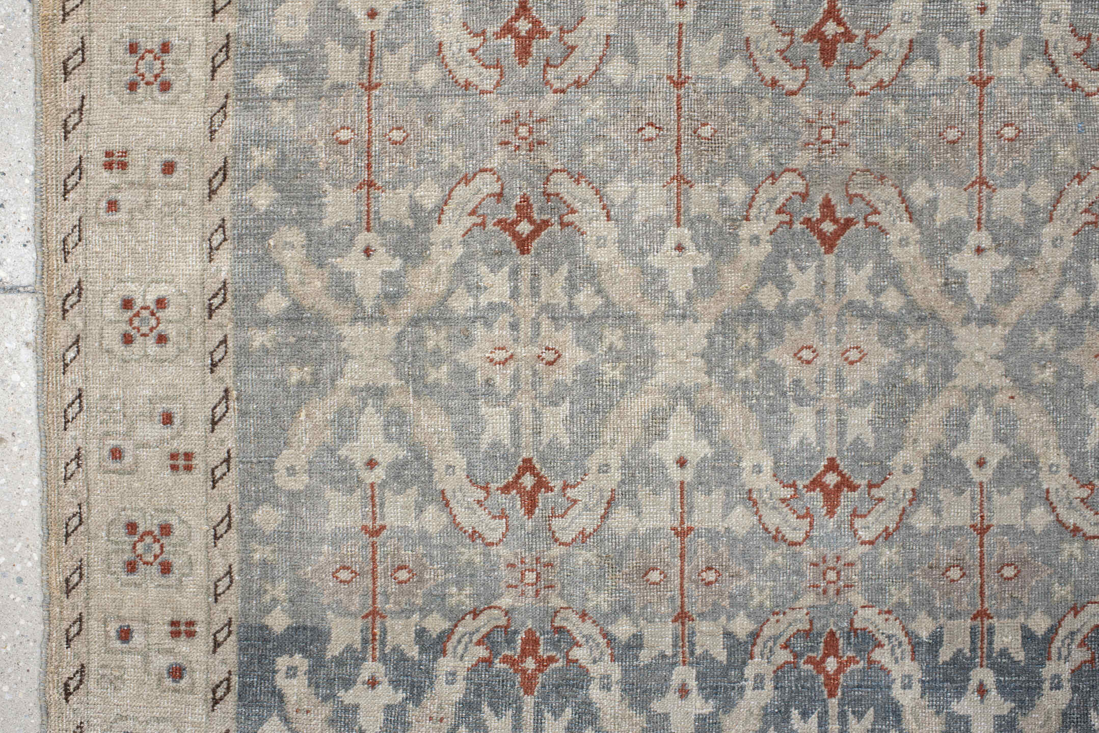 4' x 7' one-of-a-kind handmade antique Tabriz rug. Color palette: ivory, blue-gray, taupe, rust, slate, cream, gray, blue