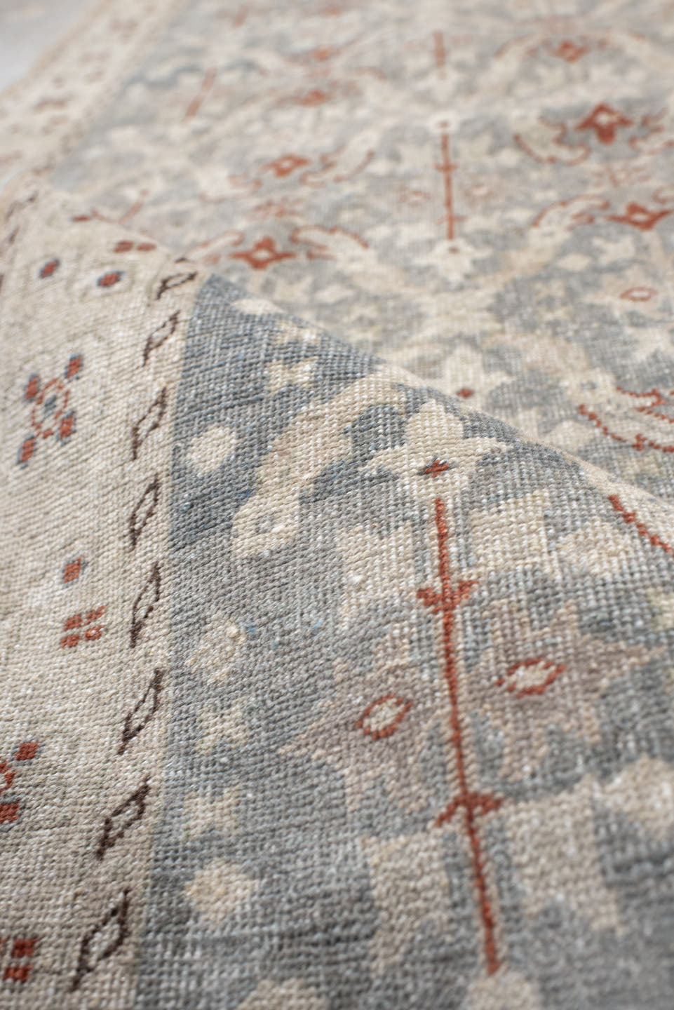 4' x 7' one-of-a-kind handmade antique Tabriz rug. Color palette: ivory, blue-gray, taupe, rust, slate, cream, gray, blue