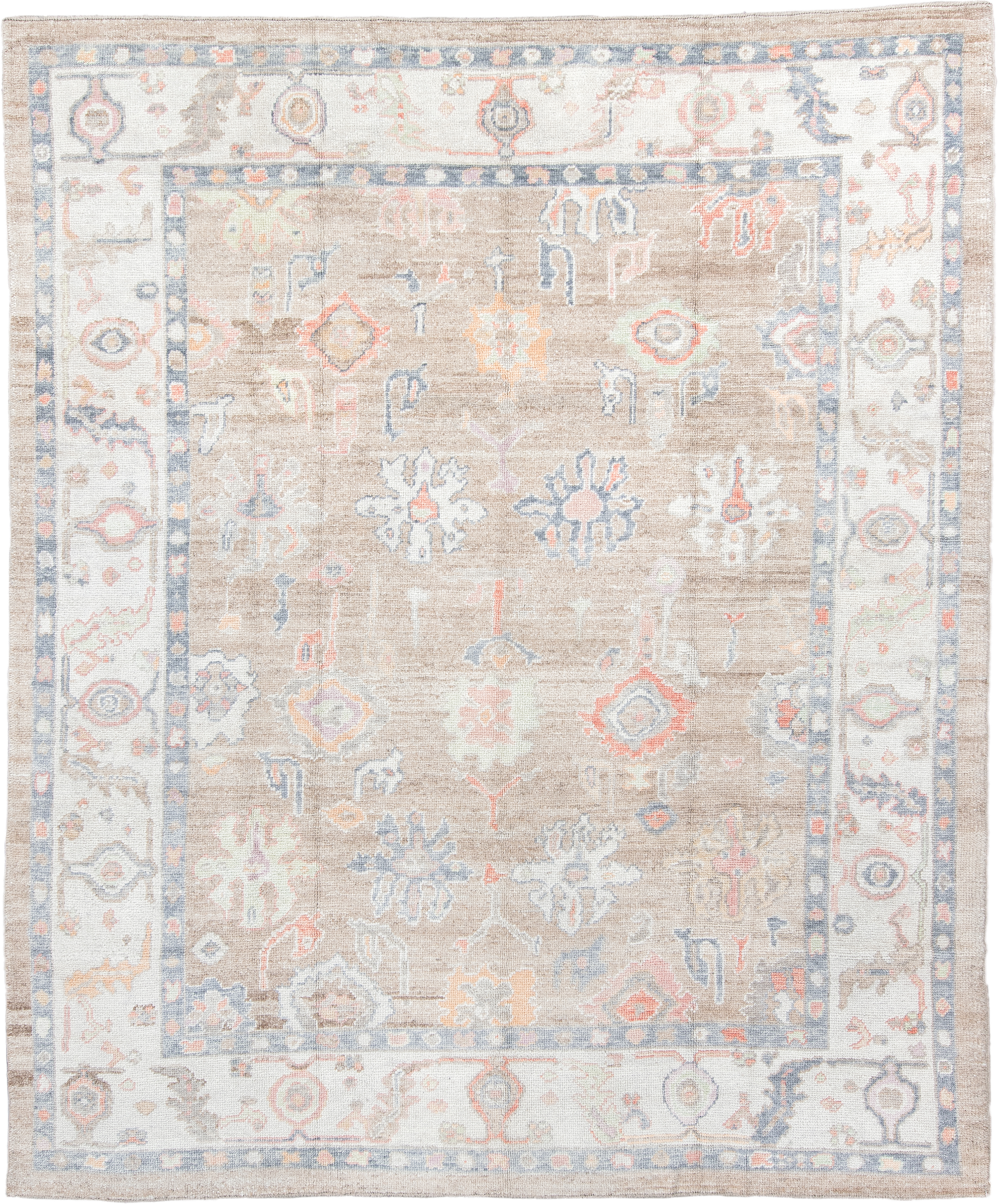 8' x 9' one-of-a-kind handmade vintage Oushak rug. Color palette: taupe, ivory, pale blue, coral, peach, beige, sage, gray