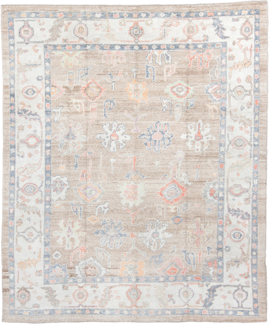 8' x 9' one-of-a-kind handmade vintage Oushak rug. Color palette: taupe, ivory, pale blue, coral, peach, beige, sage, gray