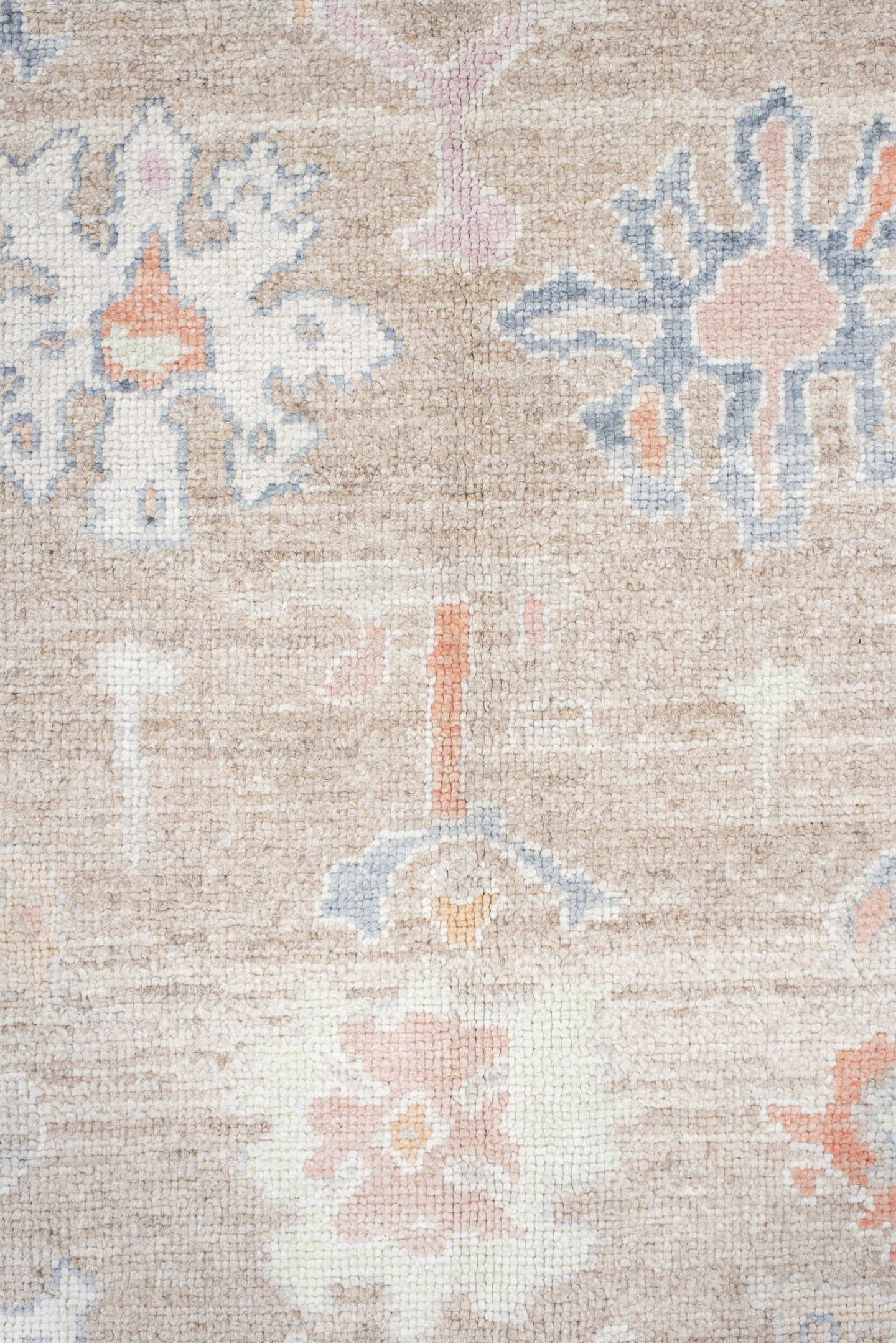 8' x 9' one-of-a-kind handmade vintage Oushak rug. Color palette: taupe, ivory, pale blue, coral, peach, beige, sage, gray