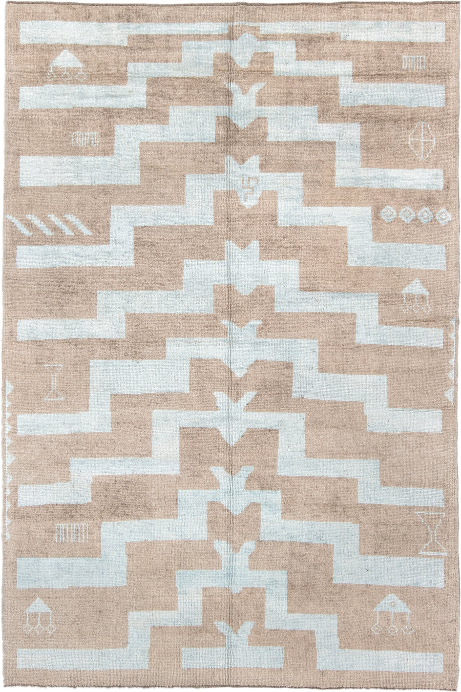 6' x 9' one-of-a-kind handmade vintage Oushak medium size rug. Color palette: beige, ivory, pale blue, light blue