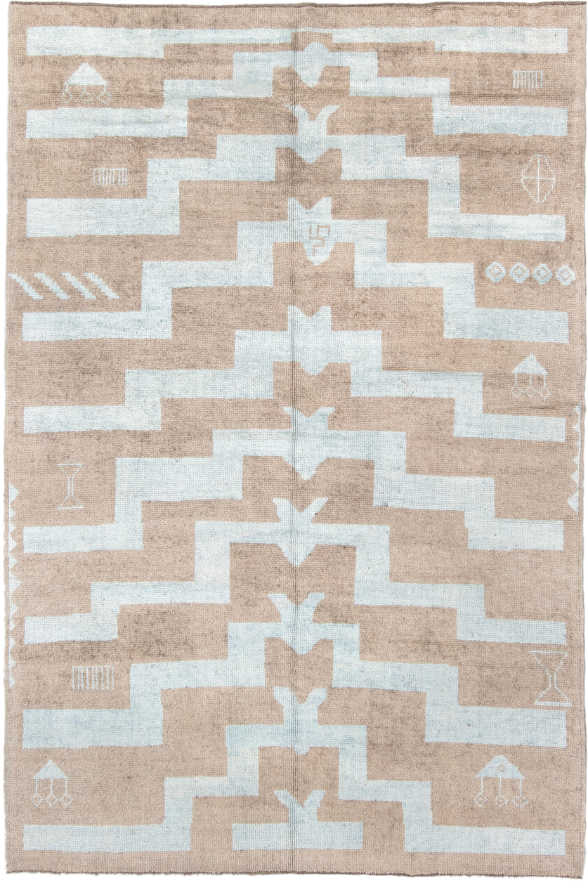 6' x 9' one-of-a-kind handmade vintage Oushak medium size rug. Color palette: beige, ivory, pale blue, light blue
