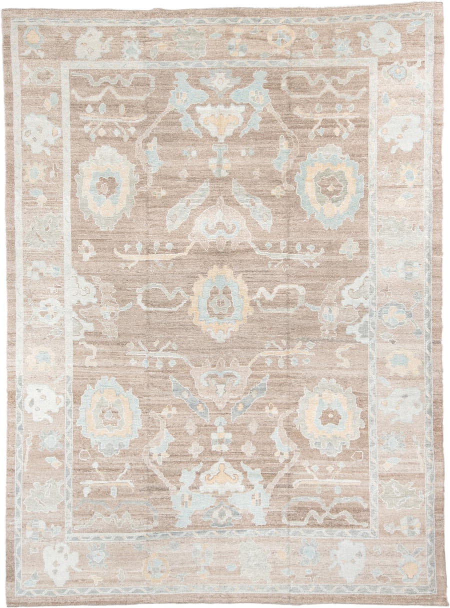10' x 14' one-of-a-kind handmade vintage  large size rug. Color palette: taupe, ivory, pale aqua, cream, soft gold, beige