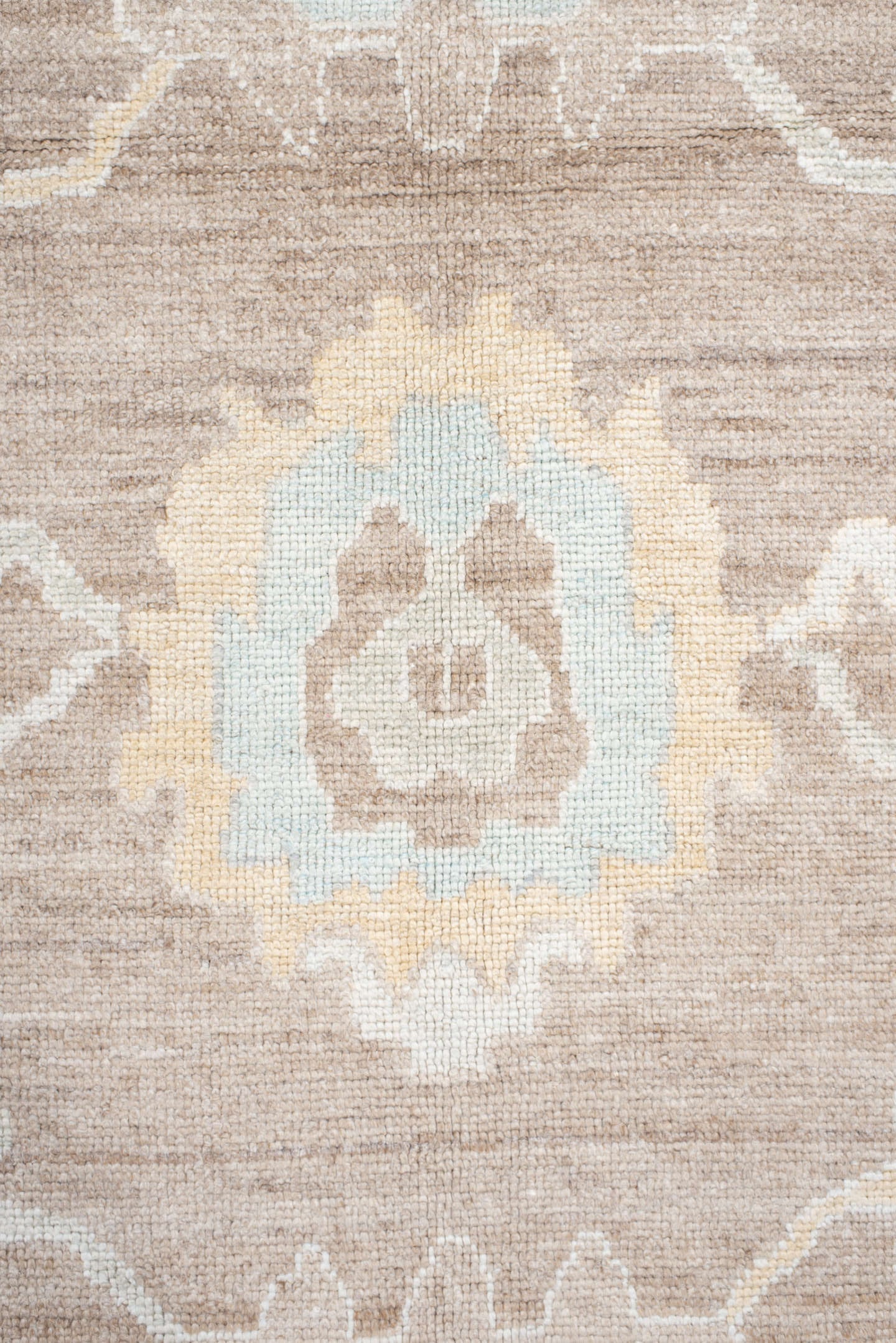 10' x 14' one-of-a-kind handmade vintage  large size rug. Color palette: taupe, ivory, pale aqua, cream, soft gold, beige