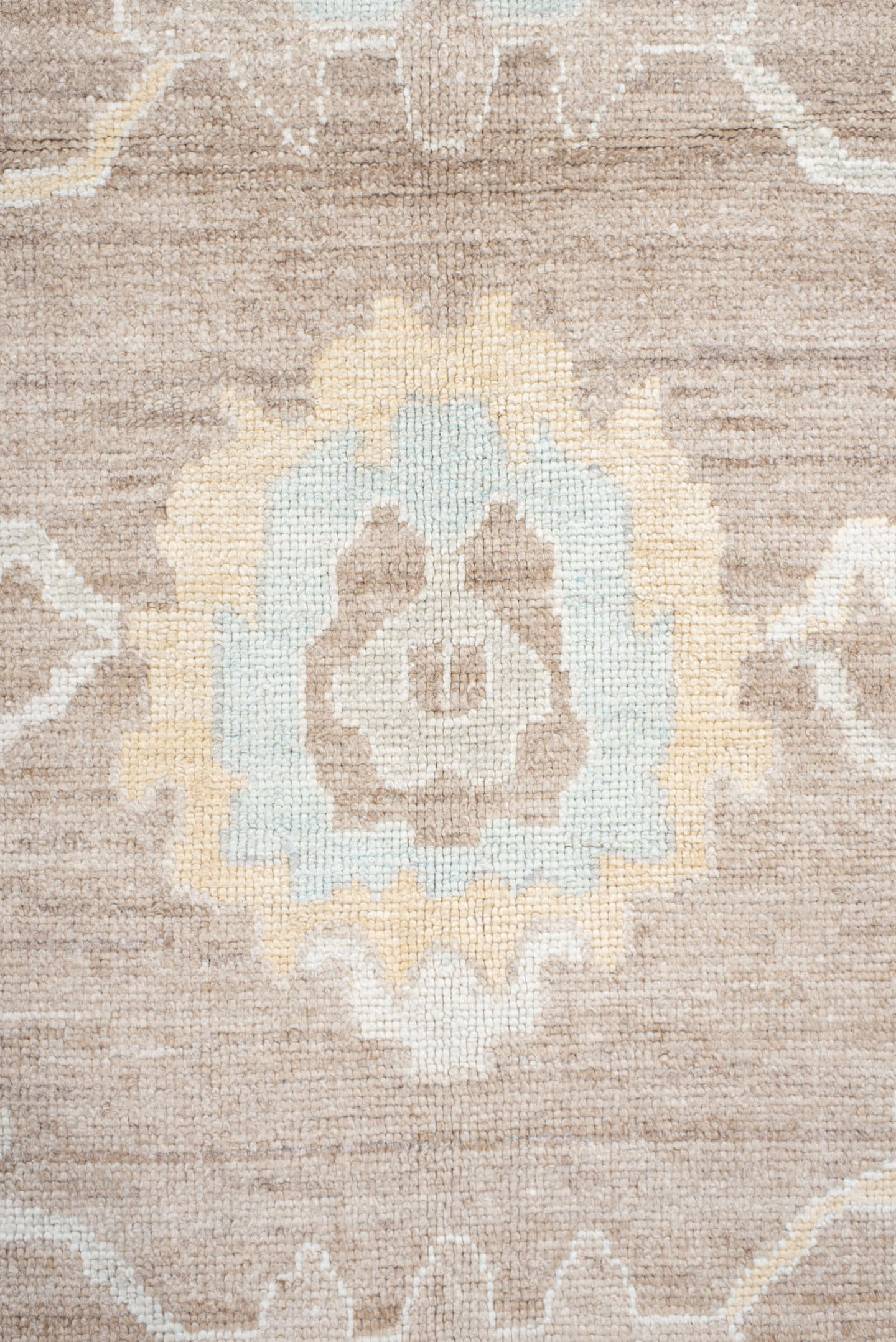 10' x 14' one-of-a-kind handmade vintage  large size rug. Color palette: taupe, ivory, pale aqua, cream, soft gold, beige