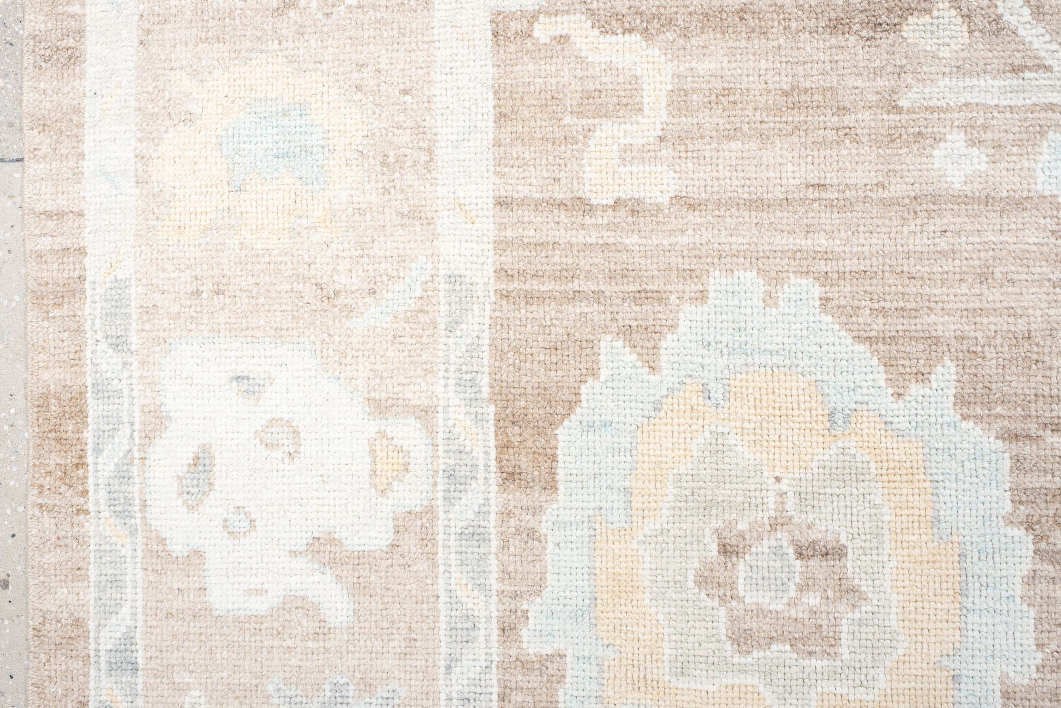 10' x 14' one-of-a-kind handmade vintage  large size rug. Color palette: taupe, ivory, pale aqua, cream, soft gold, beige