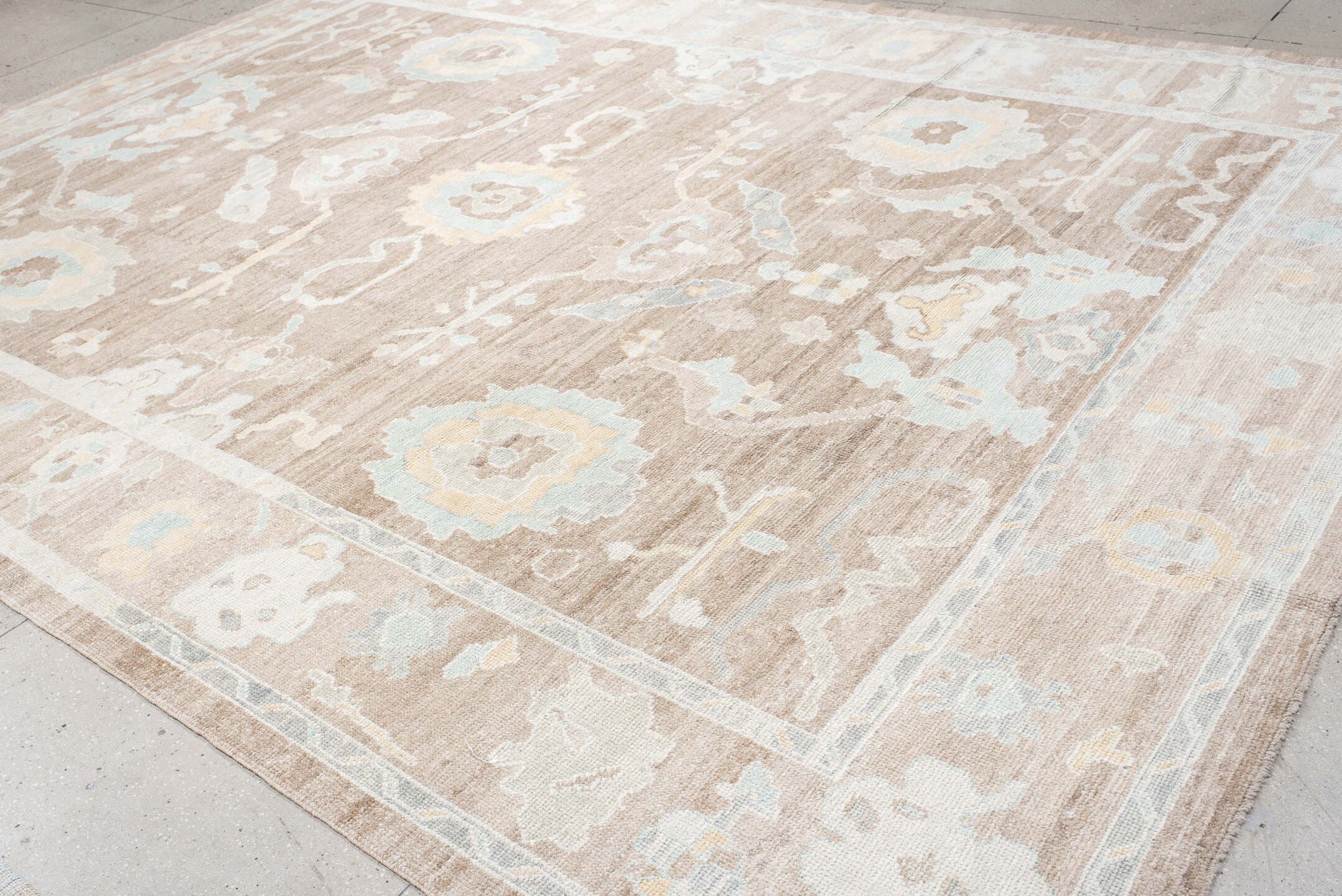 10' x 14' one-of-a-kind handmade vintage  large size rug. Color palette: taupe, ivory, pale aqua, cream, soft gold, beige