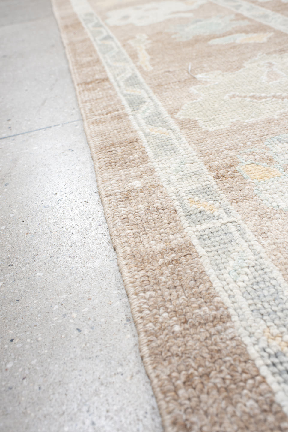 10' x 14' one-of-a-kind handmade vintage  large size rug. Color palette: taupe, ivory, pale aqua, cream, soft gold, beige