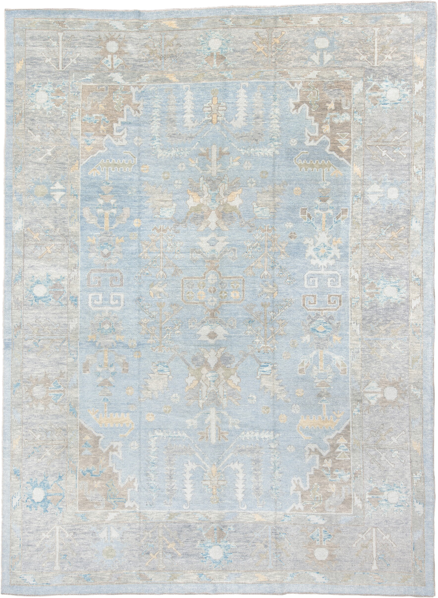 10' x 14' one-of-a-kind handmade vintage Oushak large size rug. Color palette: pale blue, ivory, taupe, light gold, cream