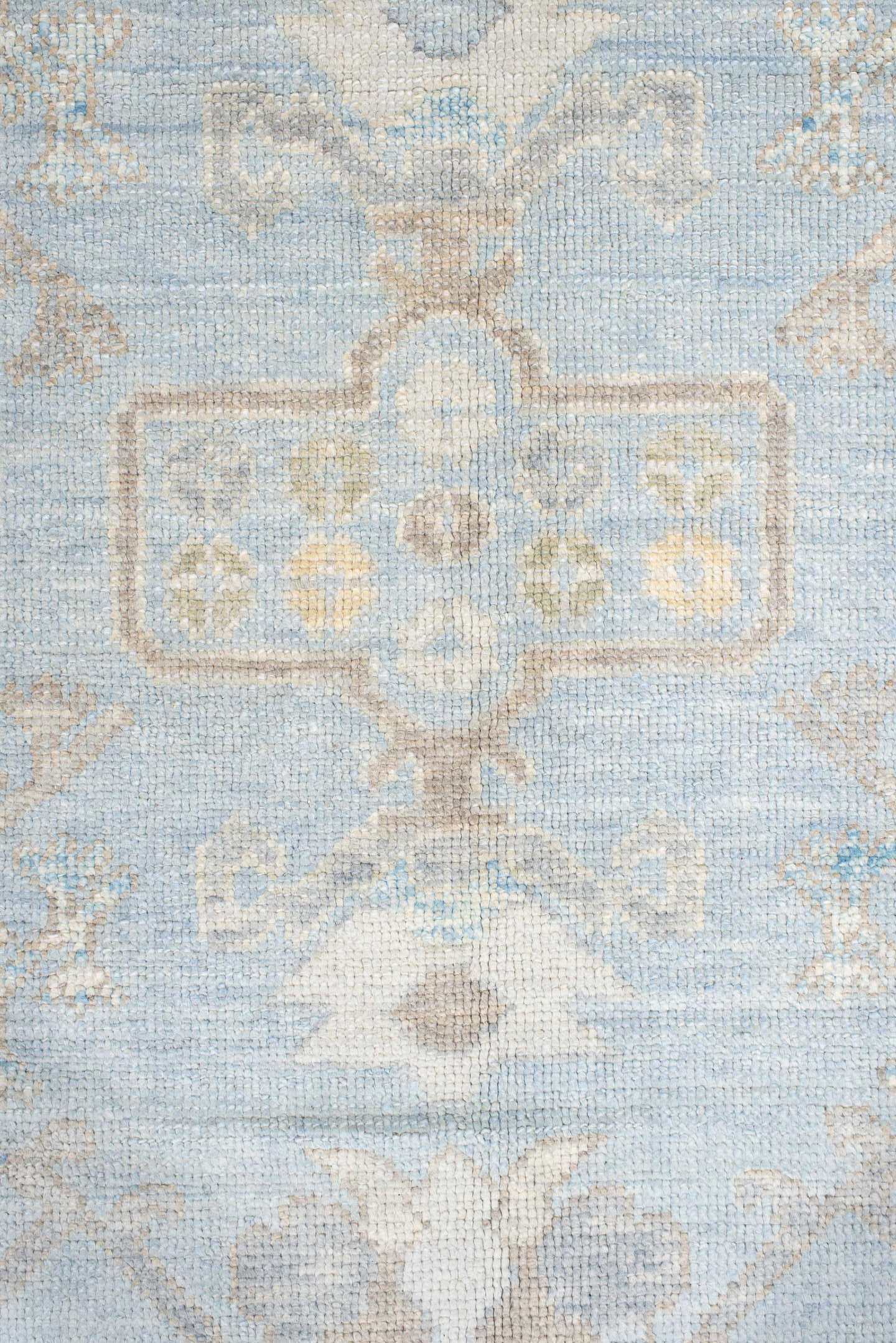 10' x 14' one-of-a-kind handmade vintage Oushak large size rug. Color palette: pale blue, ivory, taupe, light gold, cream