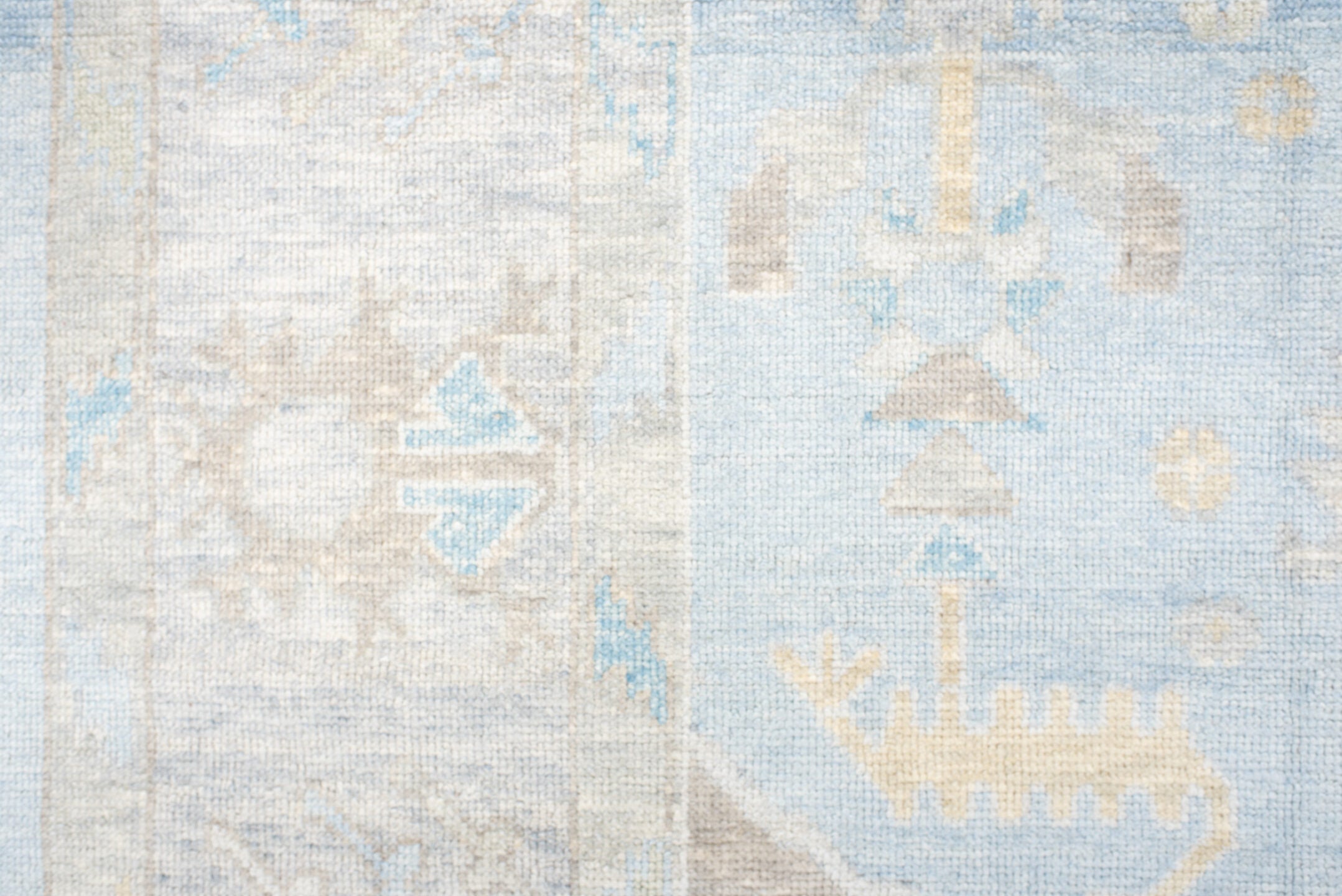 10' x 14' one-of-a-kind handmade vintage Oushak large size rug. Color palette: pale blue, ivory, taupe, light gold, cream