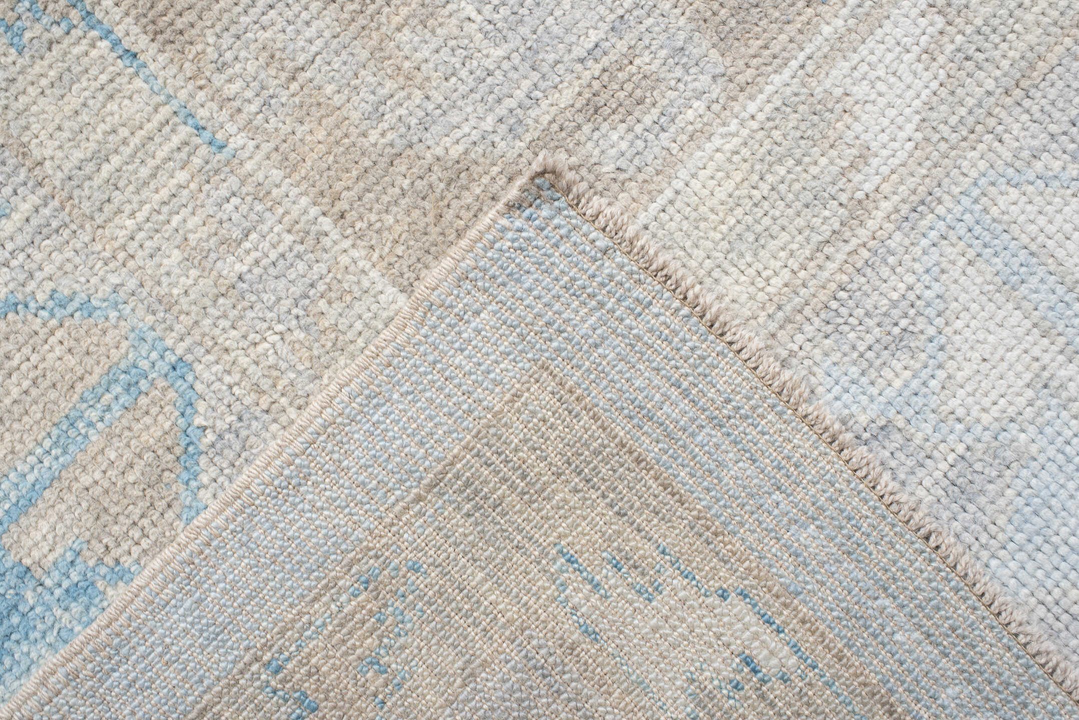 10' x 14' one-of-a-kind handmade vintage Oushak large size rug. Color palette: pale blue, ivory, taupe, light gold, cream