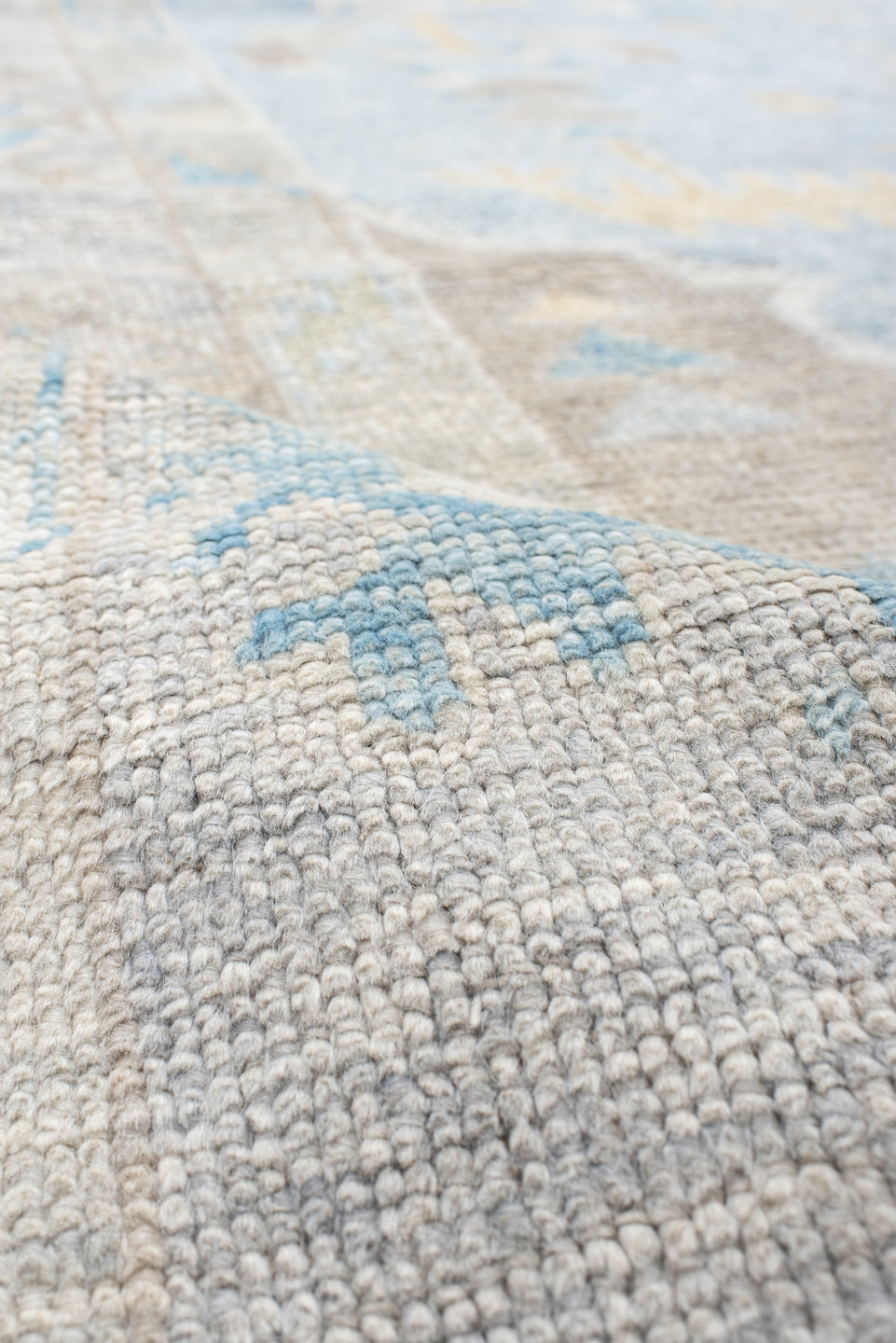 10' x 14' one-of-a-kind handmade vintage Oushak large size rug. Color palette: pale blue, ivory, taupe, light gold, cream