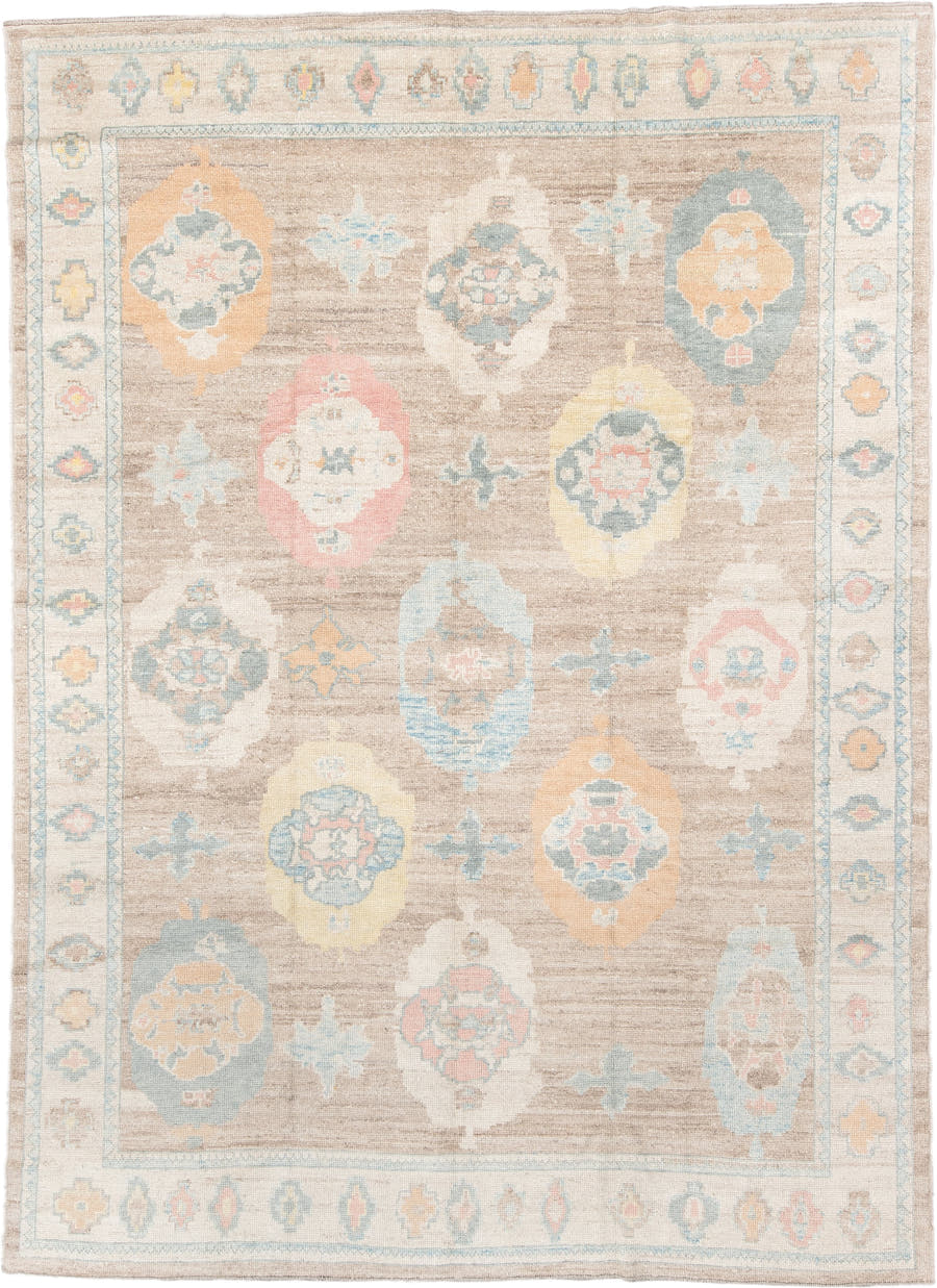 9' x 12' one-of-a-kind handmade vintage Oushak large size rug. Color palette: taupe, ivory, pale blue, peach, soft gold