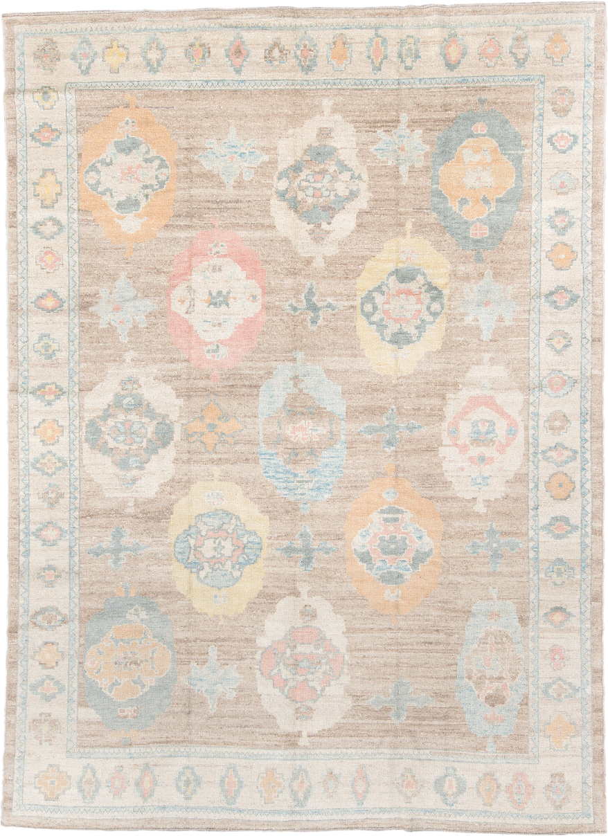 9' x 12' one-of-a-kind handmade vintage Oushak large size rug. Color palette: taupe, ivory, pale blue, peach, soft gold