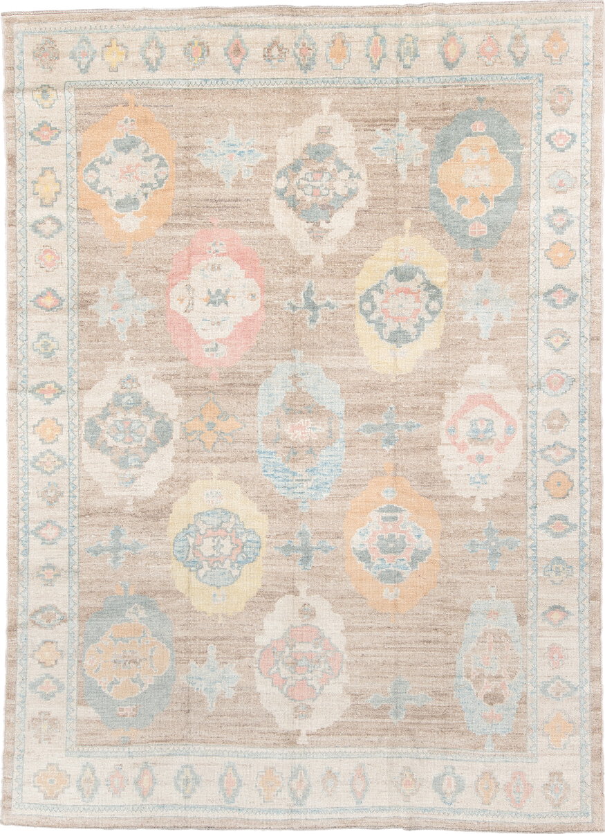 9' x 12' one-of-a-kind handmade vintage Oushak large size rug. Color palette: antiquewhite, brown, dark gray, gray