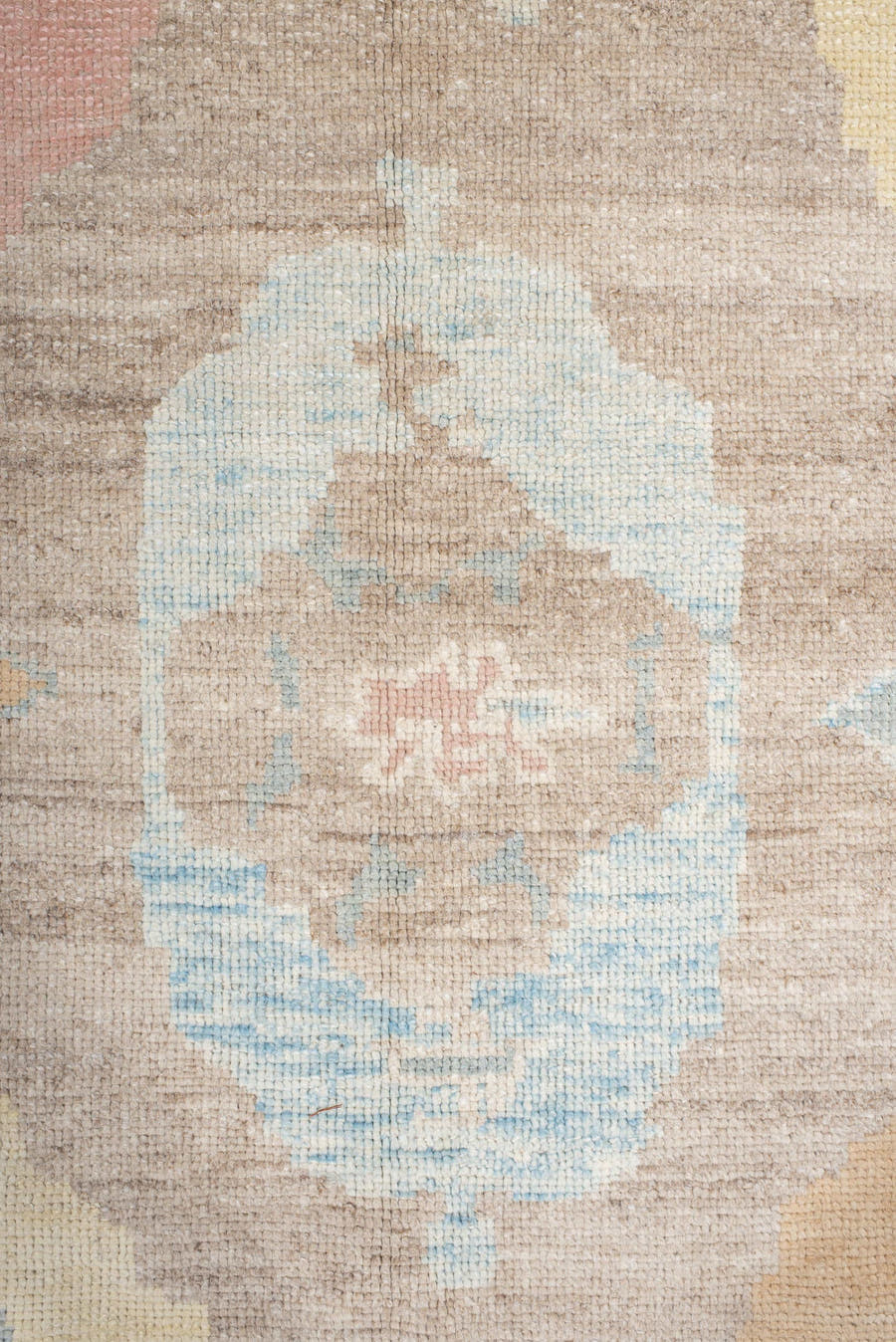9' x 12' one-of-a-kind handmade vintage Oushak large size rug. Color palette: taupe, ivory, pale blue, peach, soft gold