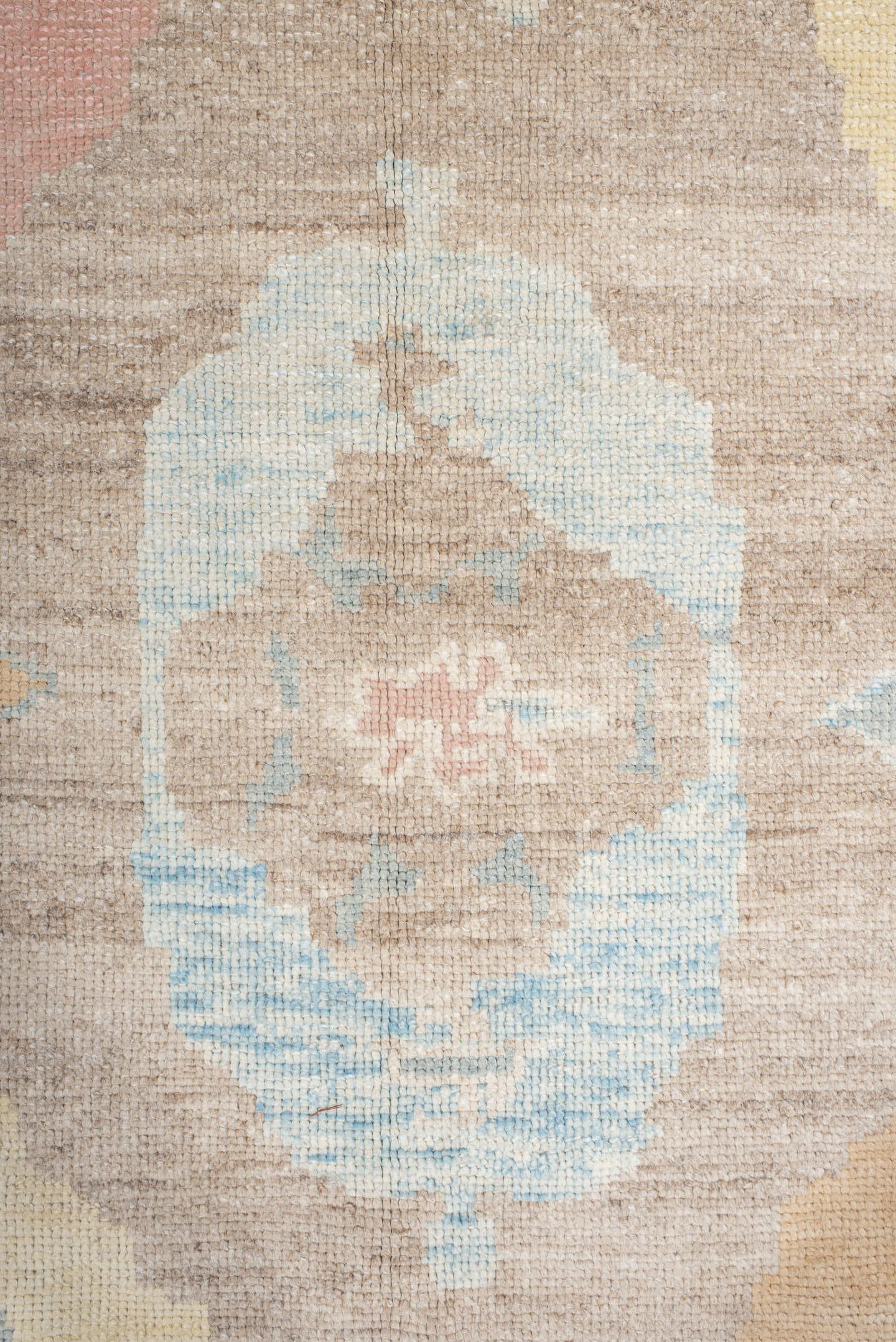 9' x 12' one-of-a-kind handmade vintage Oushak large size rug. Color palette: taupe, ivory, pale blue, peach, soft gold