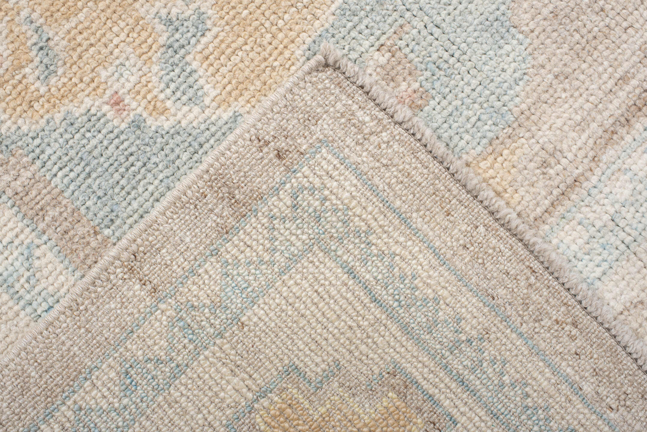 9' x 12' one-of-a-kind handmade vintage Oushak large size rug. Color palette: taupe, ivory, pale blue, peach, soft gold