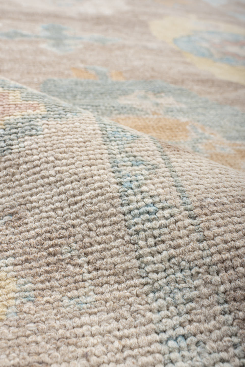 9' x 12' one-of-a-kind handmade vintage Oushak large size rug. Color palette: taupe, ivory, pale blue, peach, soft gold