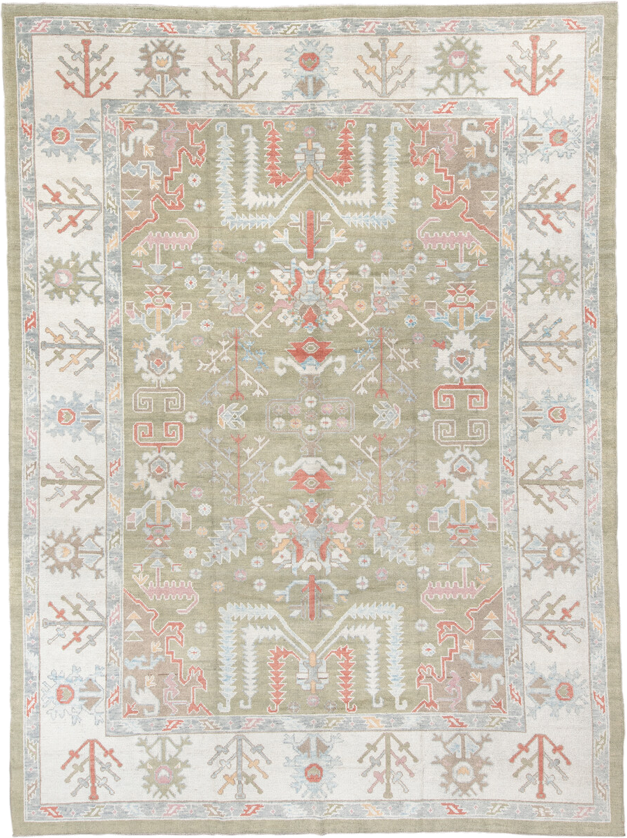 10' x 13' one-of-a-kind handmade vintage Oushak large size rug. Color palette: sage, ivory, pale blue, taupe, coral, cream