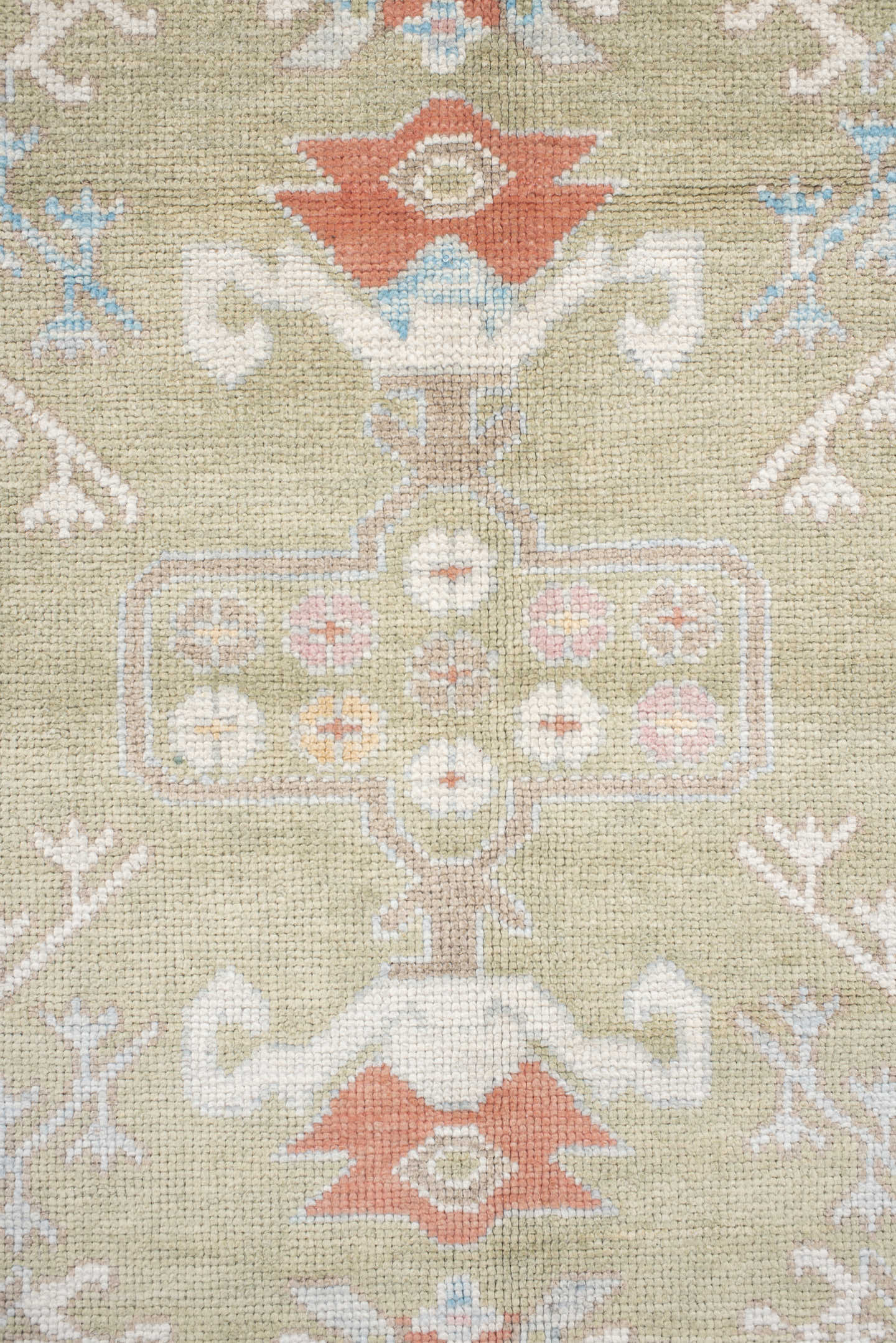 10' x 13' one-of-a-kind handmade vintage Oushak large size rug. Color palette: sage, ivory, pale blue, taupe, coral, cream