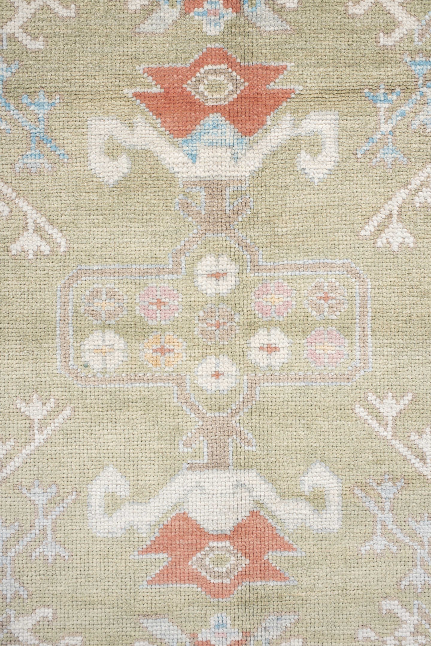 10' x 13' one-of-a-kind handmade vintage Oushak large size rug. Color palette: sage, ivory, pale blue, taupe, coral, cream