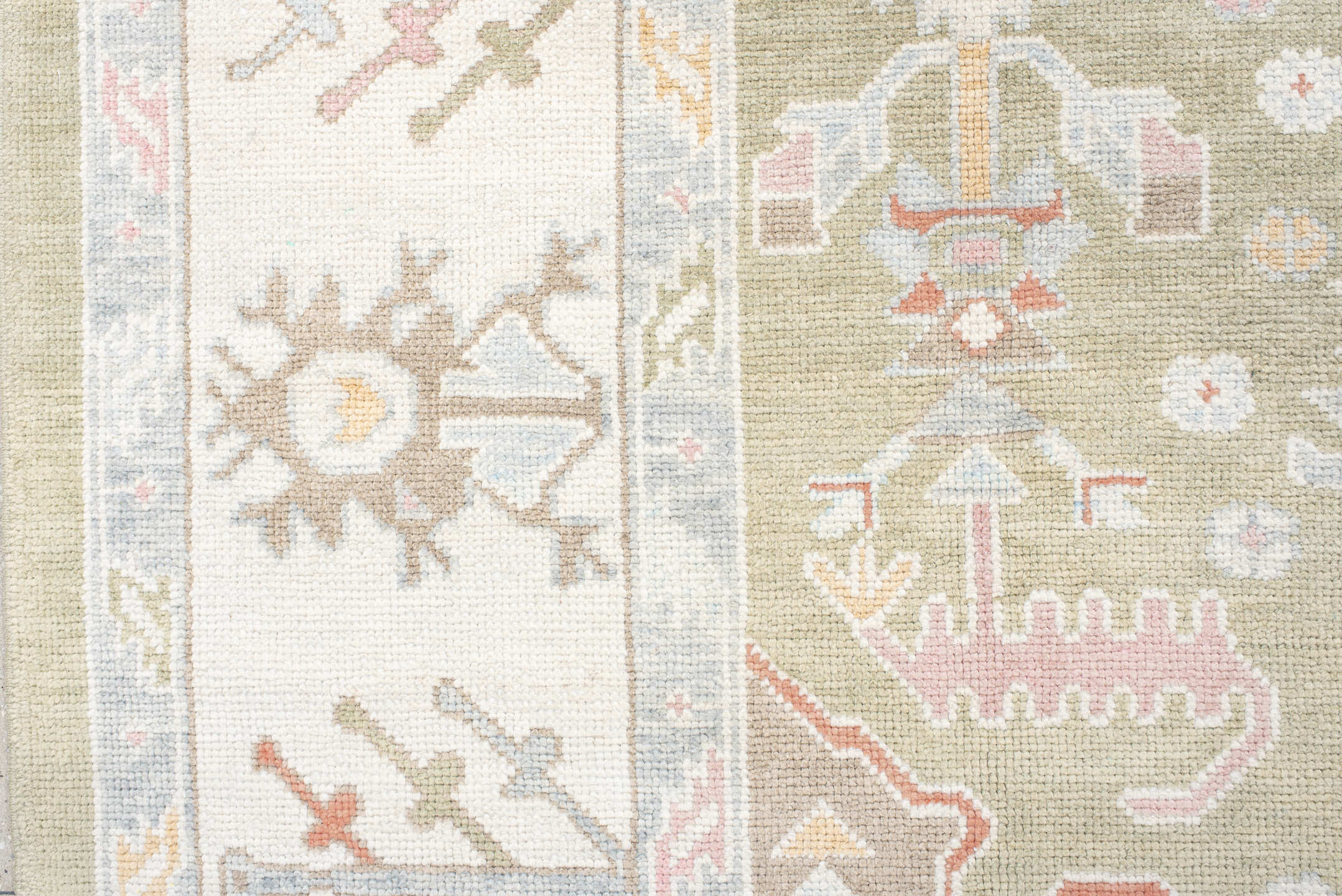 10' x 13' one-of-a-kind handmade vintage Oushak large size rug. Color palette: sage, ivory, pale blue, taupe, coral, cream