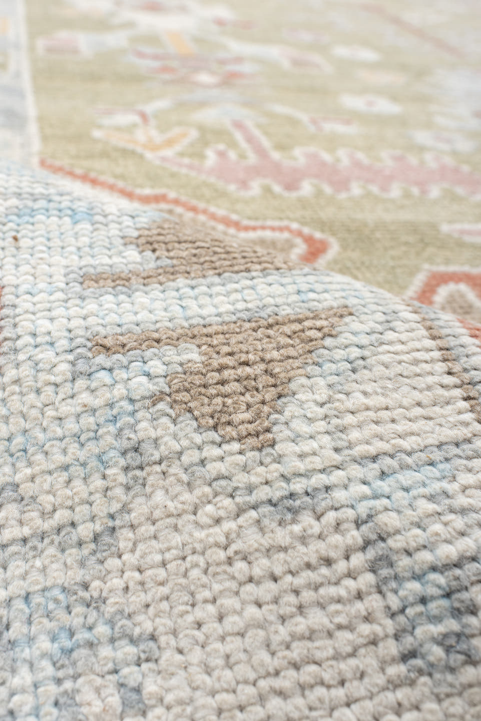 10' x 13' one-of-a-kind handmade vintage Oushak large size rug. Color palette: sage, ivory, pale blue, taupe, coral, cream