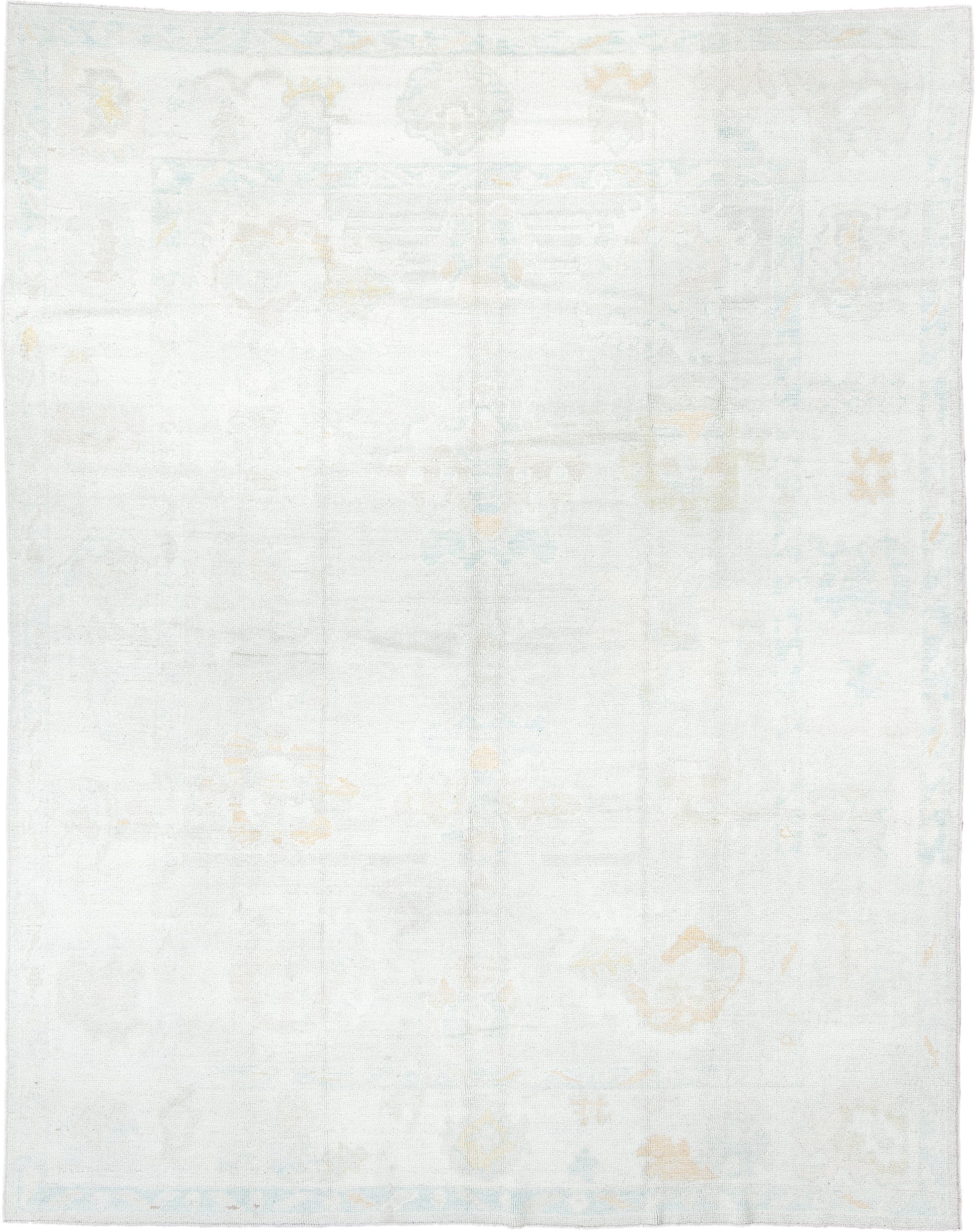 8' x 11' one-of-a-kind handmade vintage Oushak large size rug. Color palette: ivory, pale aqua, cream, soft gold, beige