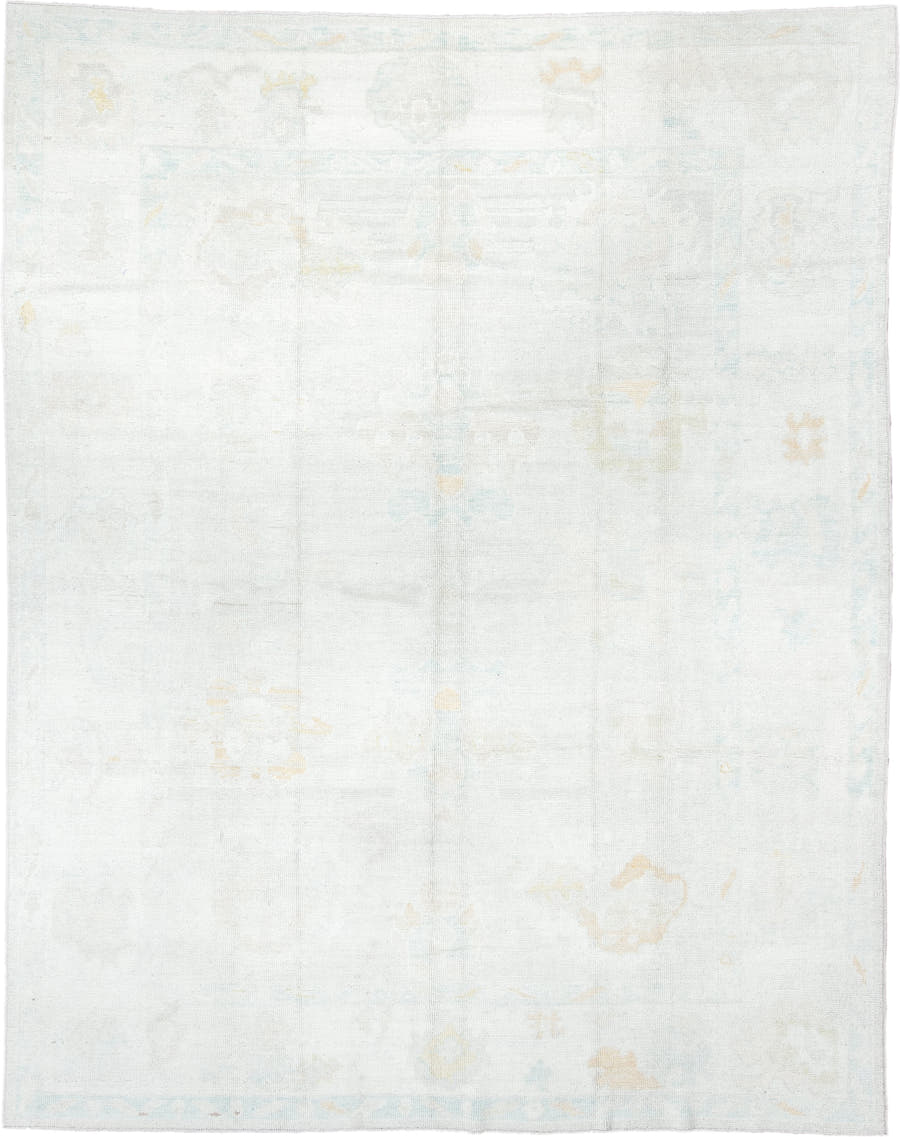 8' x 11' one-of-a-kind handmade vintage Oushak large size rug. Color palette: ivory, pale aqua, cream, soft gold, beige