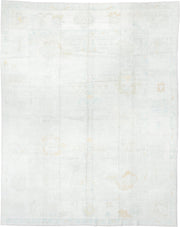 8' x 11' one-of-a-kind handmade vintage Oushak large size rug. Color palette: ivory, pale aqua, cream, soft gold, beige