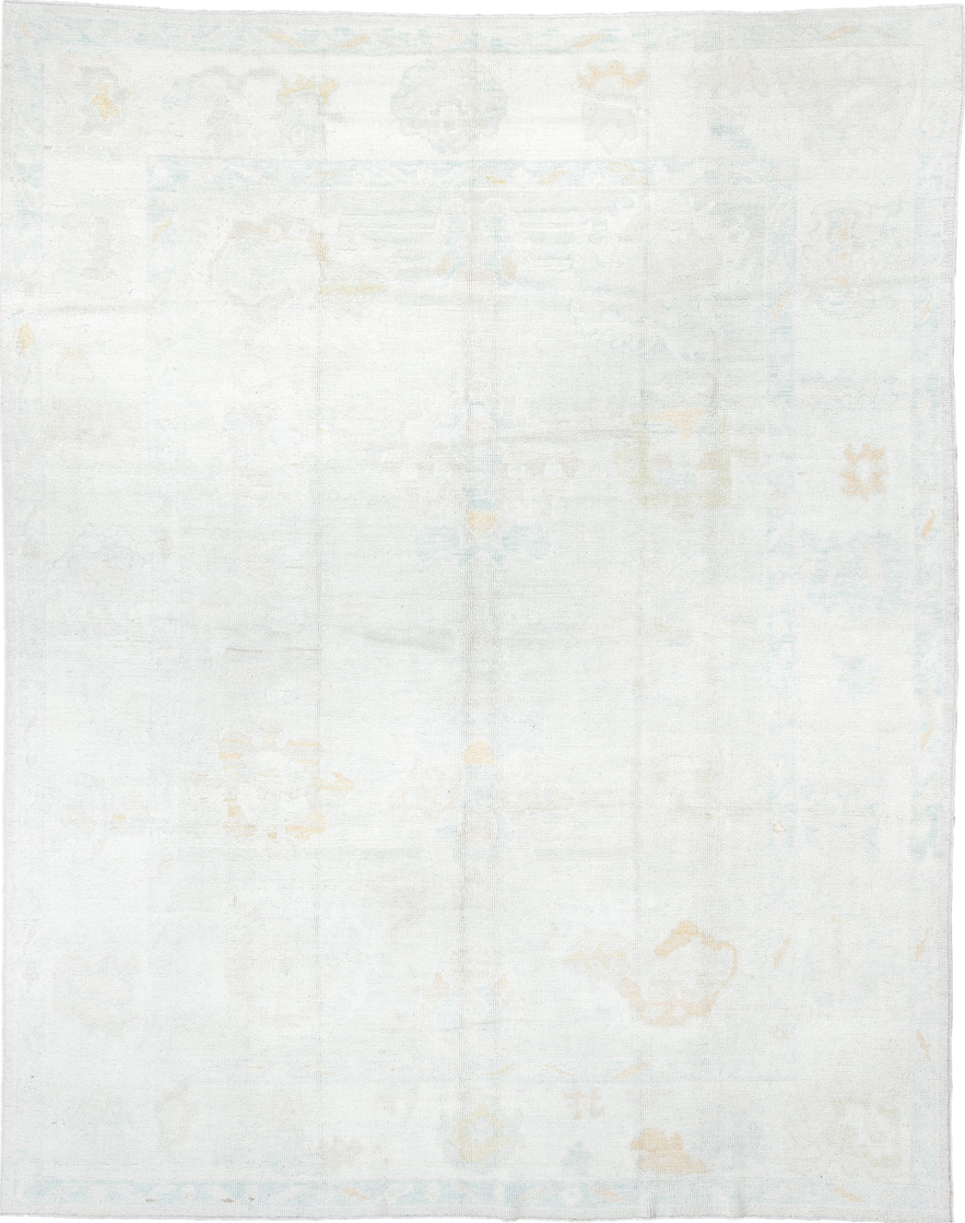 8' x 11' one-of-a-kind handmade vintage Oushak large size rug. Color palette: floral white, gainsboro, gray, honeydew
