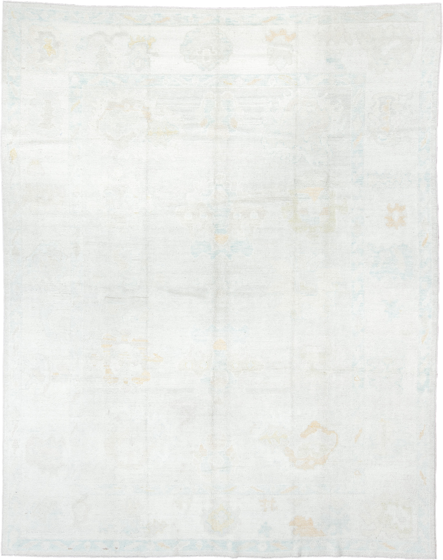 8' x 11' one-of-a-kind handmade vintage Oushak large size rug. Color palette: ivory, pale aqua, cream, soft gold, beige