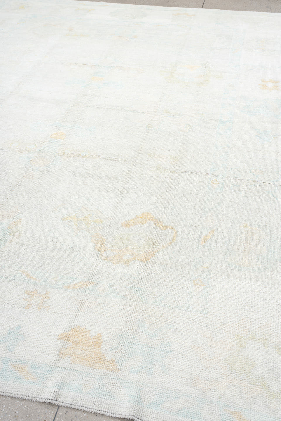 8' x 11' one-of-a-kind handmade vintage Oushak large size rug. Color palette: ivory, pale aqua, cream, soft gold, beige