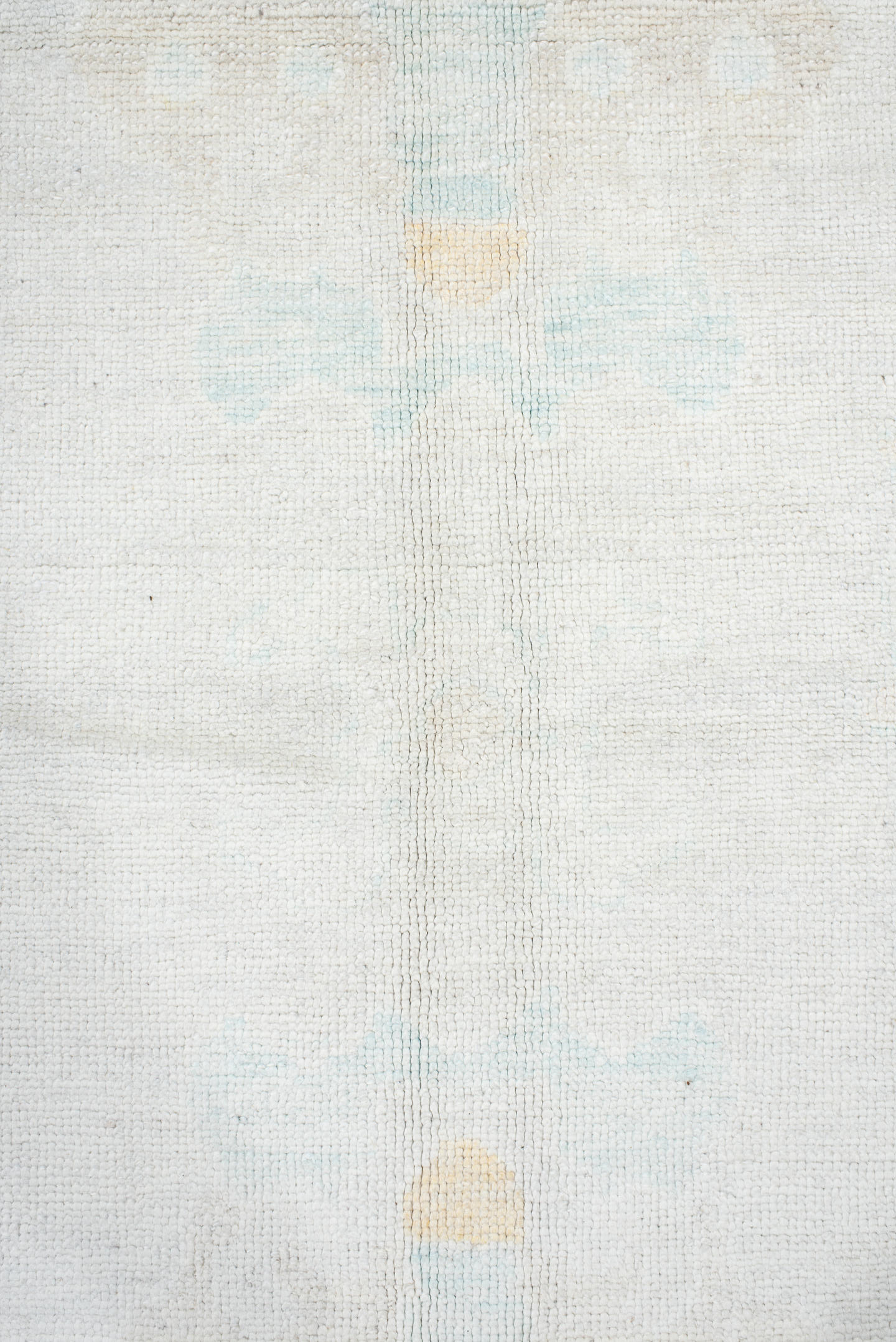 8' x 11' one-of-a-kind handmade vintage Oushak large size rug. Color palette: ivory, pale aqua, cream, soft gold, beige