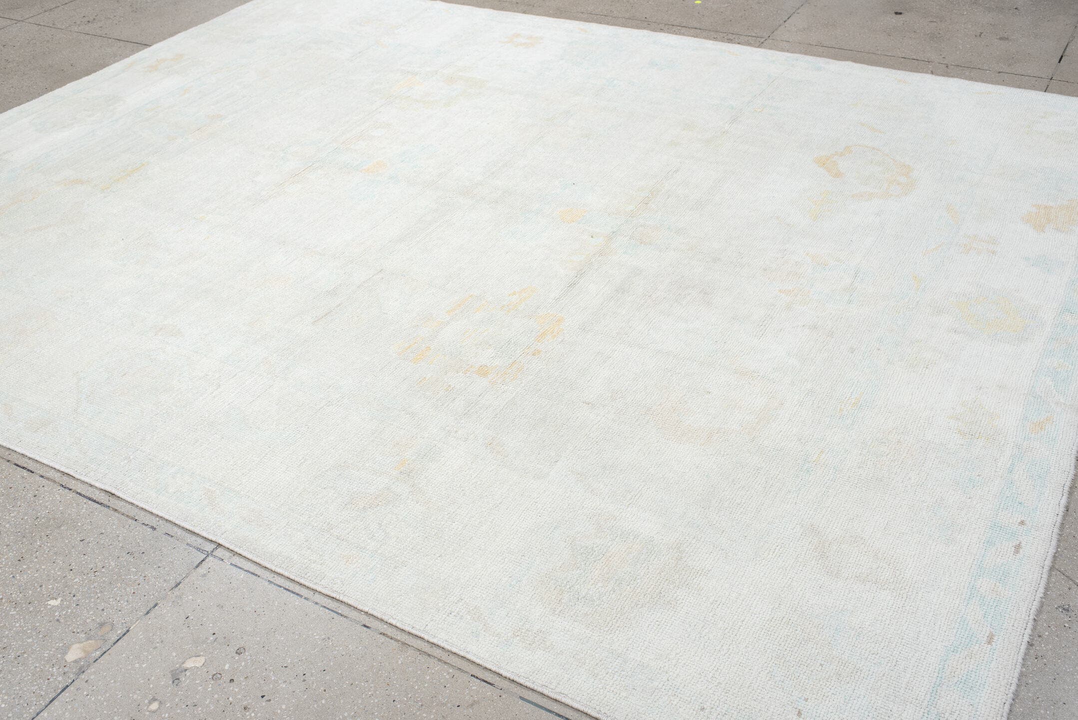 8' x 11' one-of-a-kind handmade vintage Oushak large size rug. Color palette: ivory, pale aqua, cream, soft gold, beige