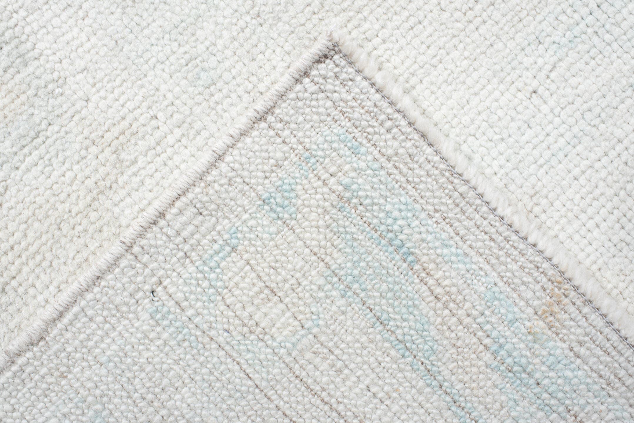 8' x 11' one-of-a-kind handmade vintage Oushak large size rug. Color palette: ivory, pale aqua, cream, soft gold, beige