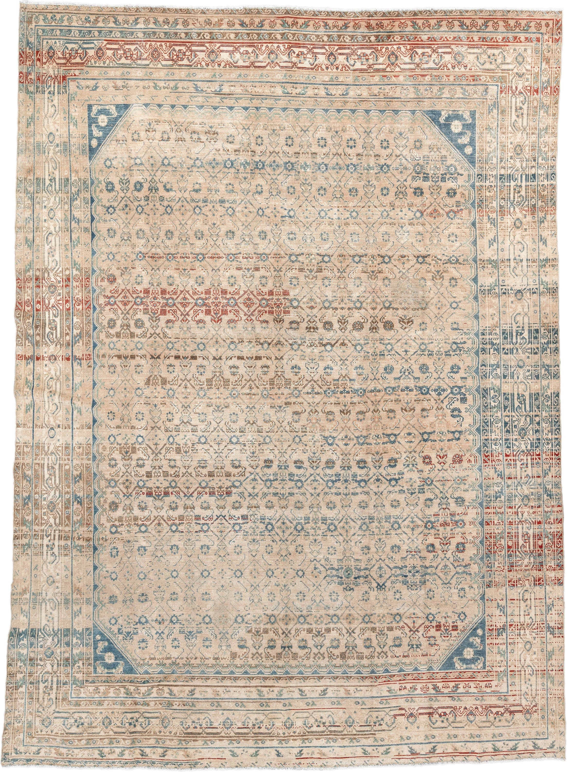 8' x 11' one-of-a-kind handmade vintage Malayer large size rug. Color palette: ivory, sky blue, taupe, rust, beige, slate