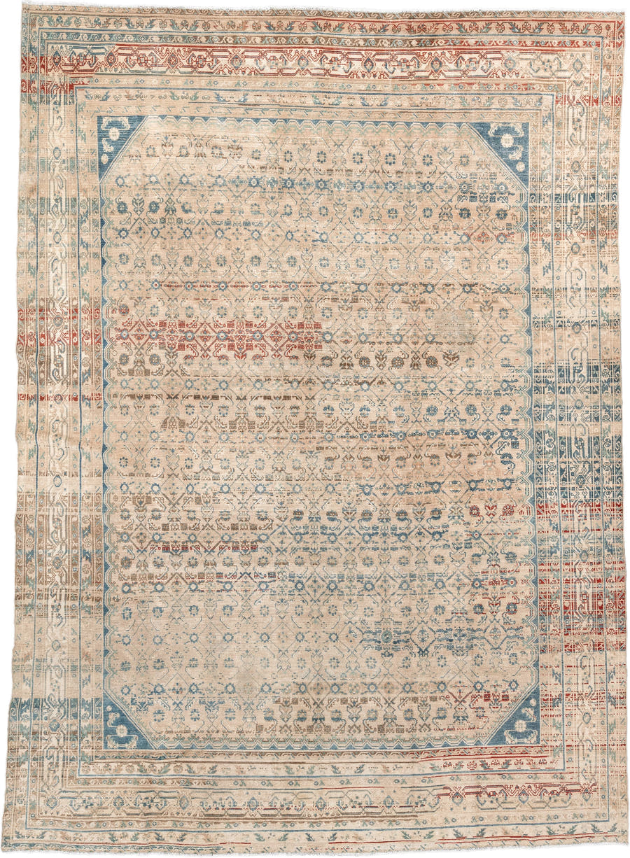 8' x 11' one-of-a-kind handmade vintage Malayer large size rug. Color palette: ivory, sky blue, taupe, rust, beige, slate