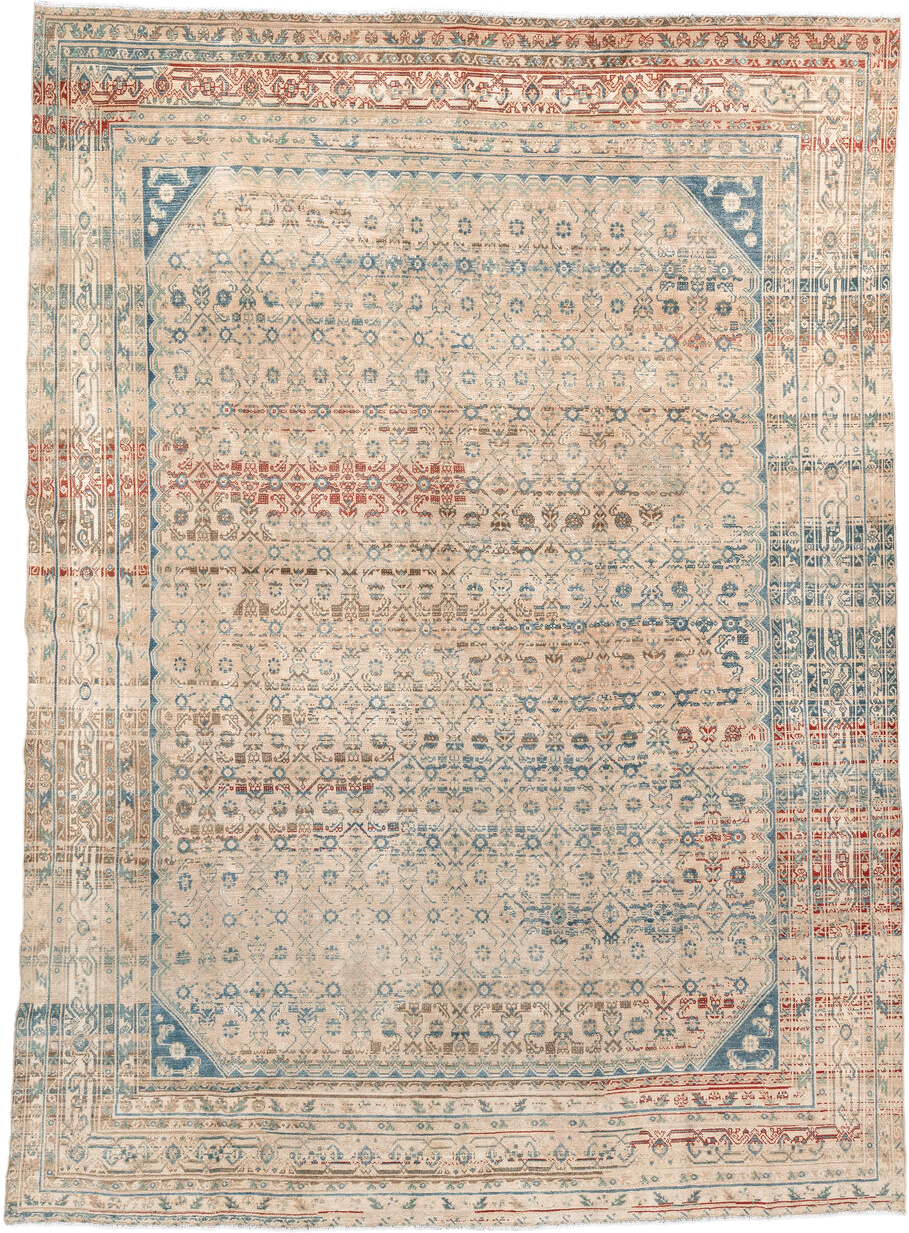 8' x 11' one-of-a-kind handmade vintage Malayer large size rug. Color palette: ivory, sky blue, taupe, rust, beige, slate