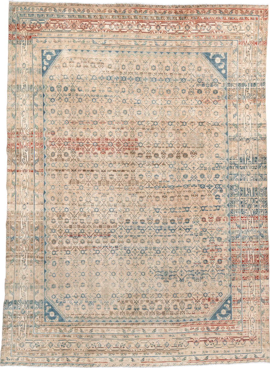 8' x 11' one-of-a-kind handmade vintage Malayer large size rug. Color palette: antiquewhite, blanched almond, blue, brown
