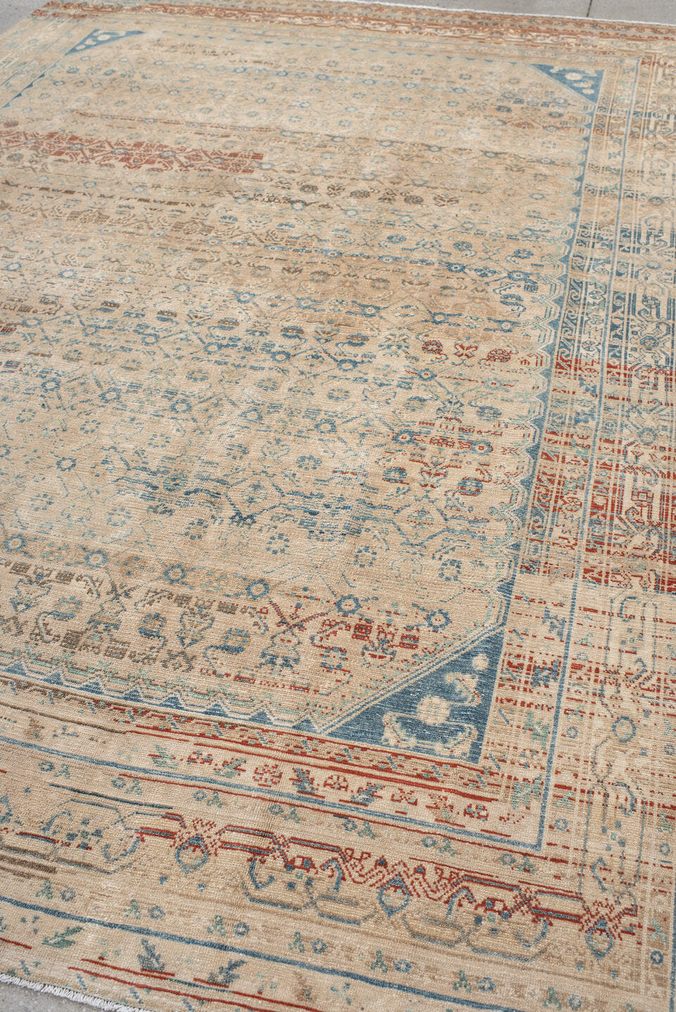 8' x 11' one-of-a-kind handmade vintage Malayer large size rug. Color palette: ivory, sky blue, taupe, rust, beige, slate