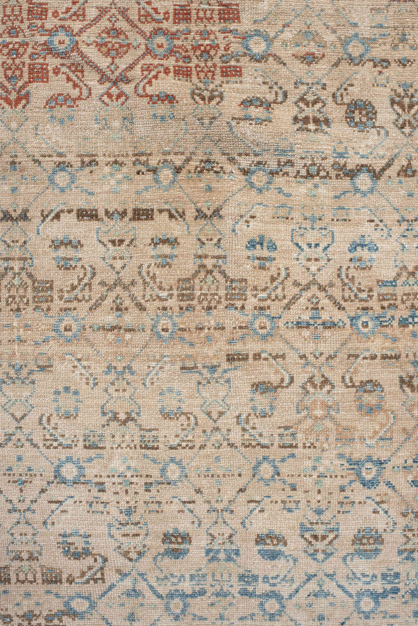 8' x 11' one-of-a-kind handmade vintage Malayer large size rug. Color palette: ivory, sky blue, taupe, rust, beige, slate